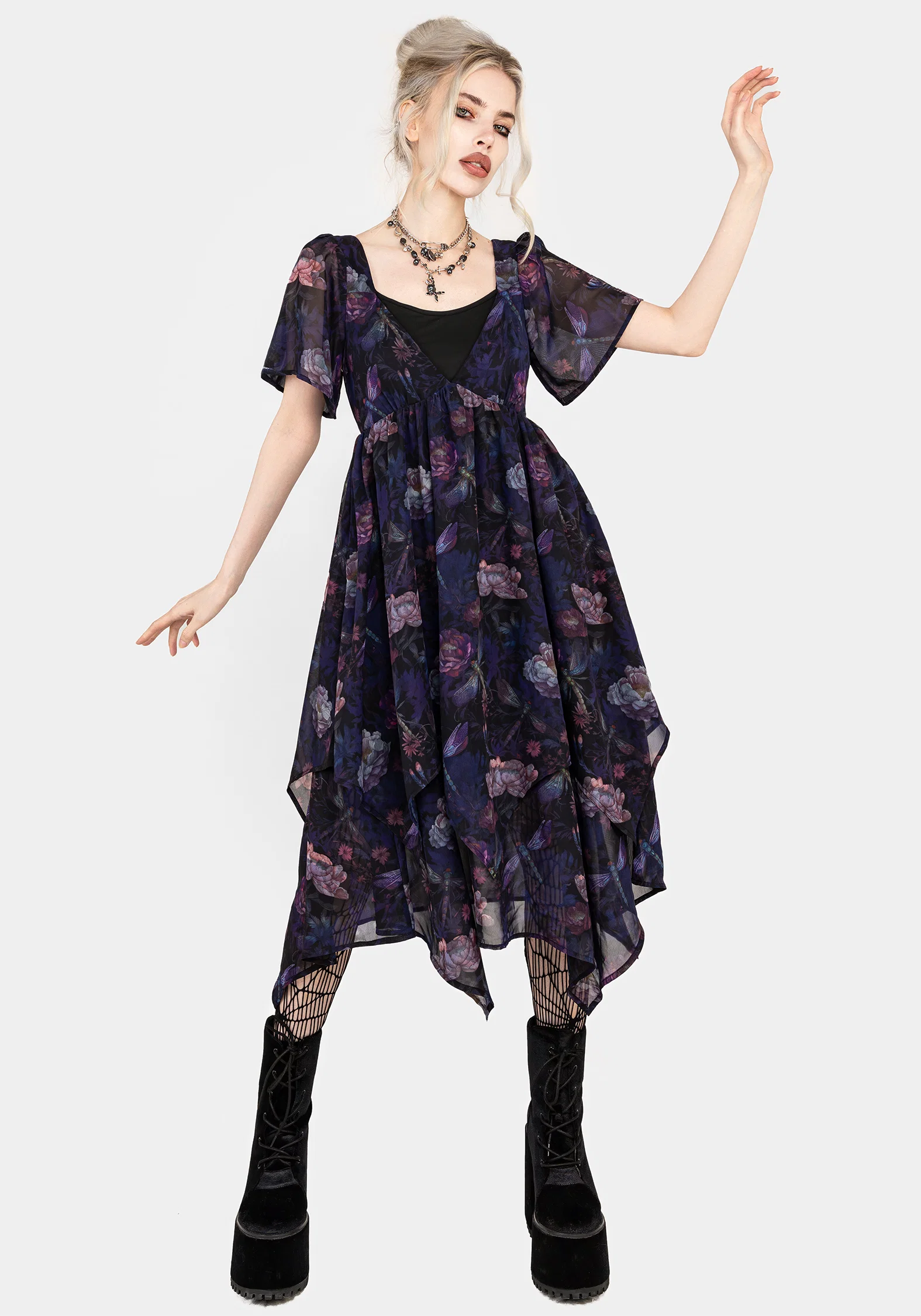 Dragonfly Floral Print Chiffon Handkerchief Hem Dress - Image 4