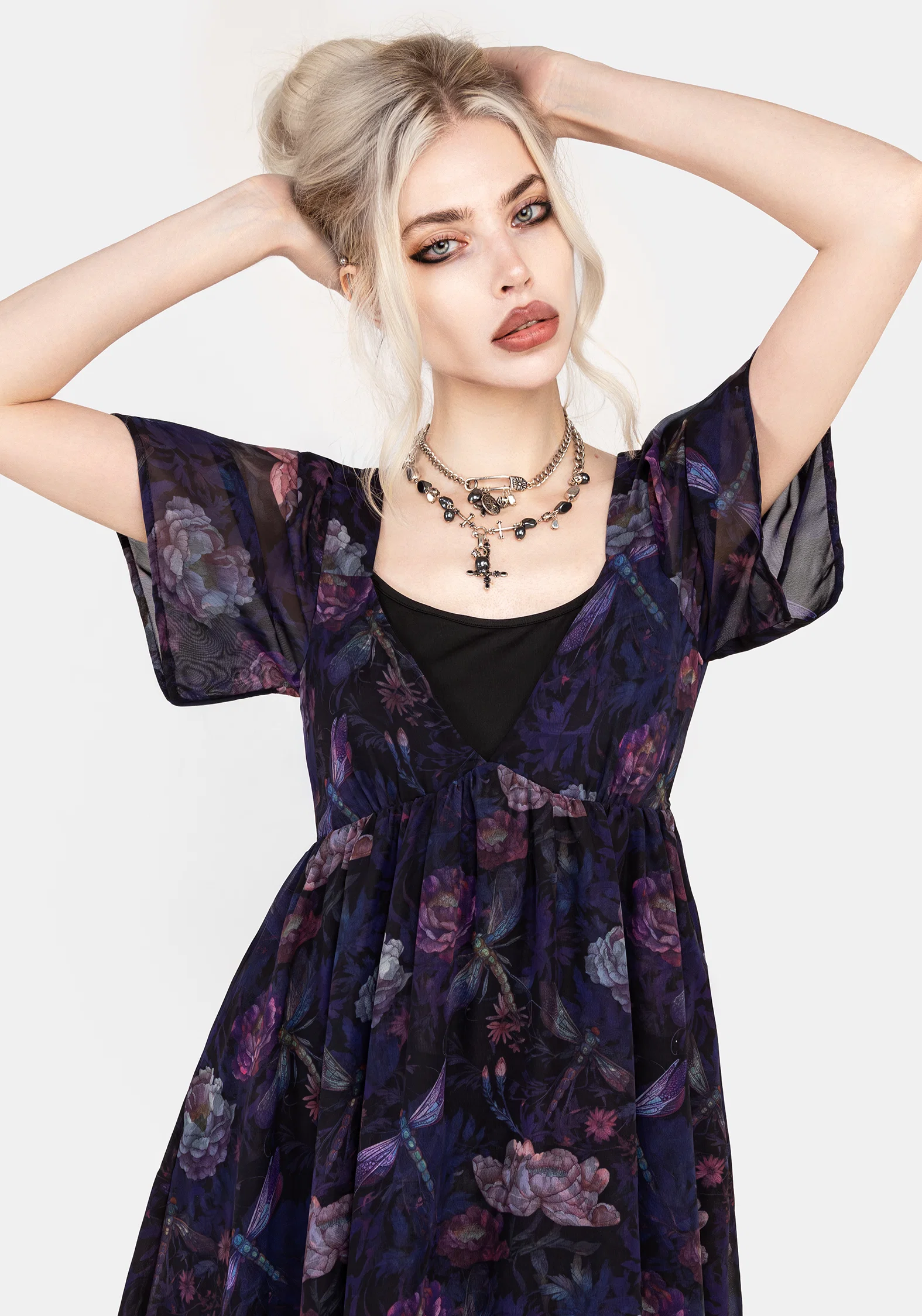 Dragonfly Floral Print Chiffon Handkerchief Hem Dress - Image 5
