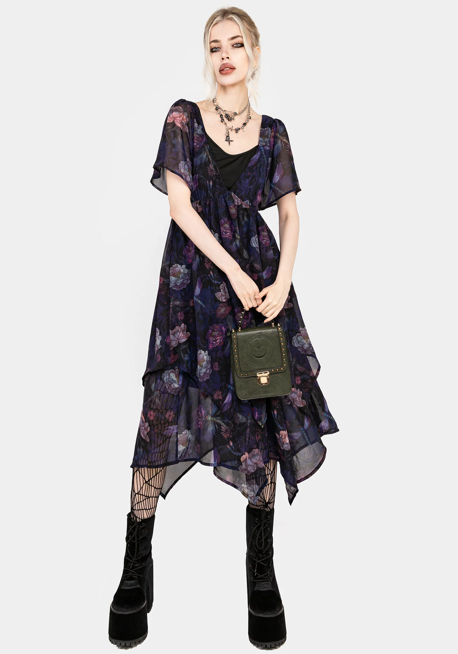 Dragonfly Floral Print Chiffon Handkerchief Hem Dress - Image 6