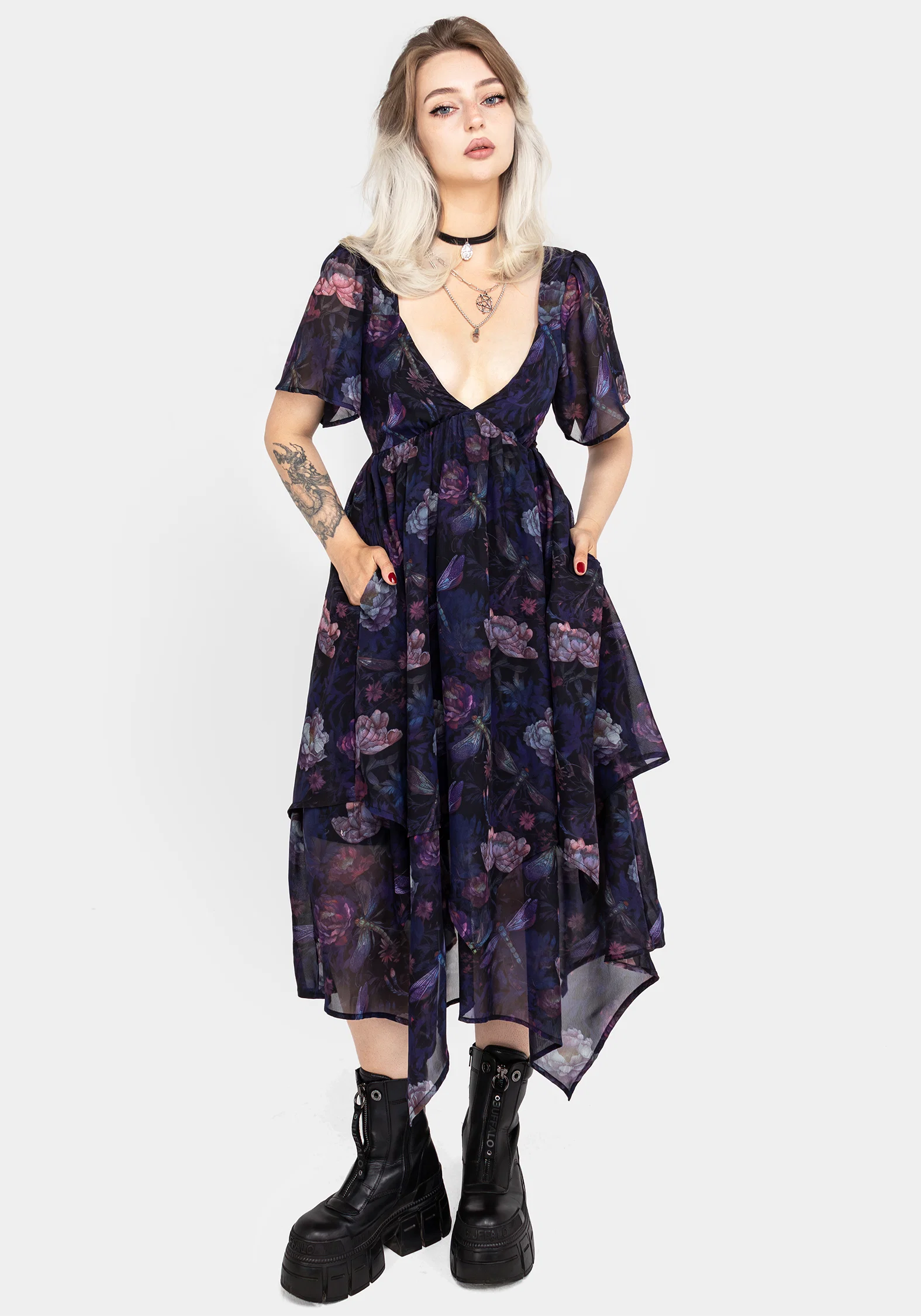 Dragonfly Floral Print Chiffon Handkerchief Hem Dress - Image 8