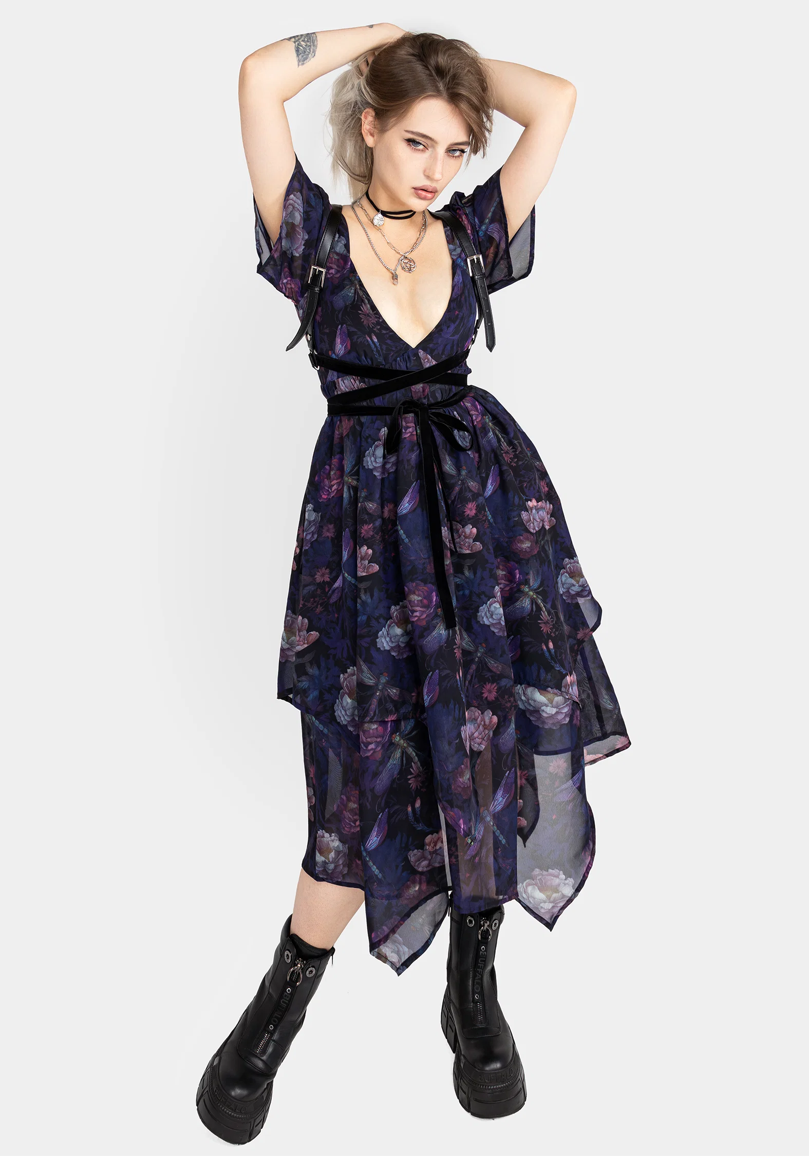 Dragonfly Floral Print Chiffon Handkerchief Hem Dress - Image 9