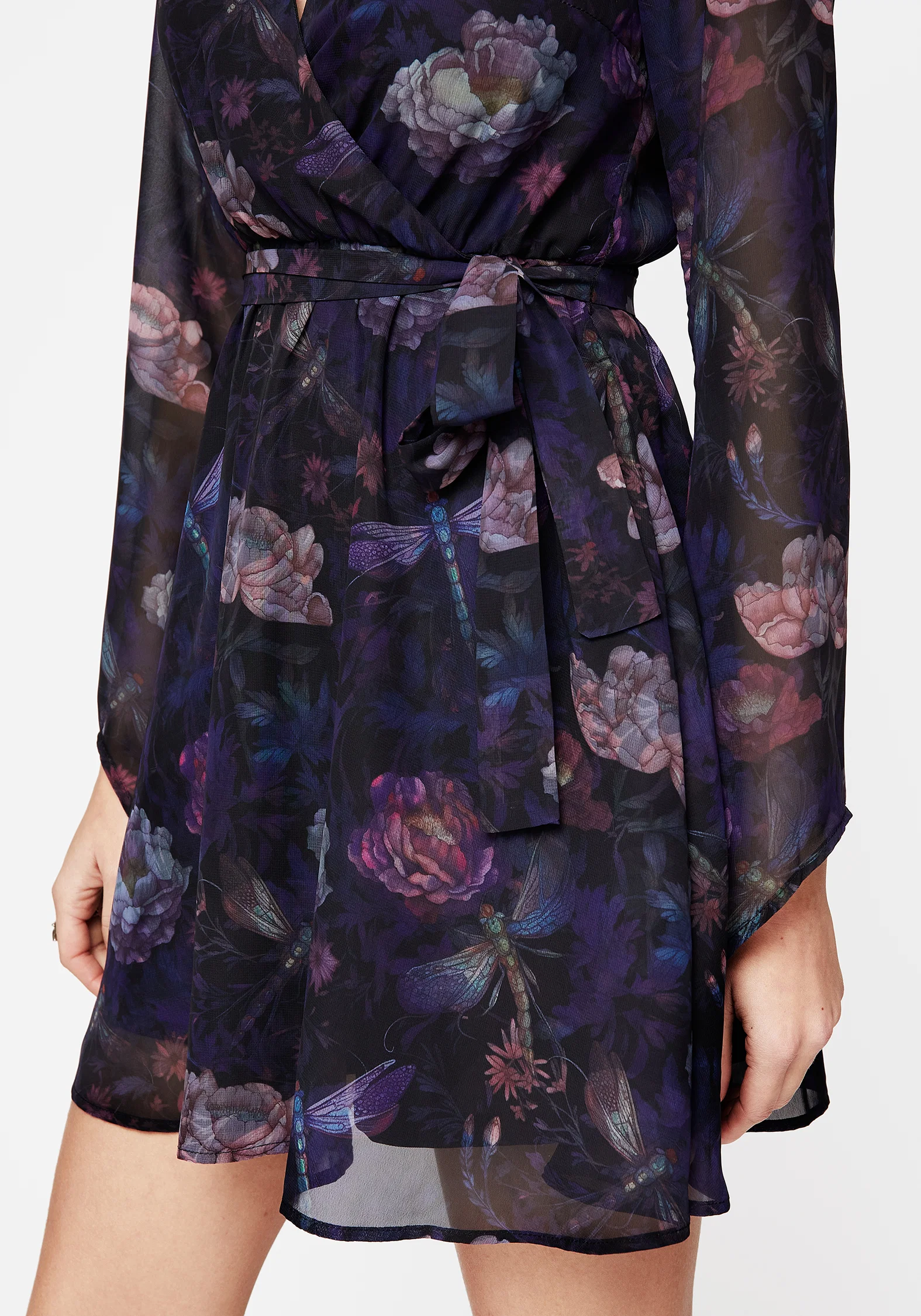 Dragonfly Floral Print Flute Sleeve Chiffon Mini Dress - Image 2