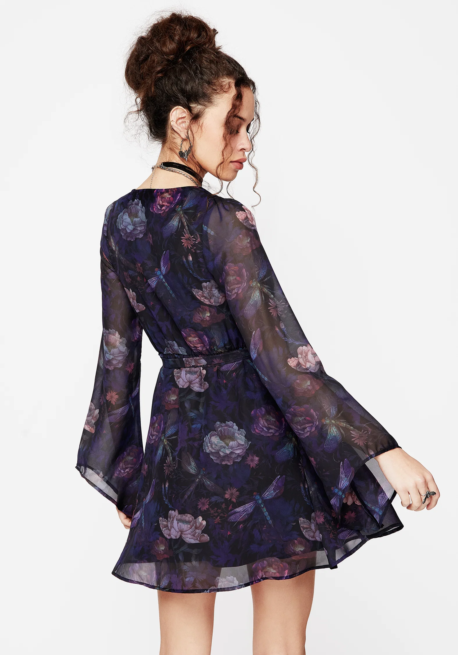 Dragonfly Floral Print Flute Sleeve Chiffon Mini Dress - Image 3