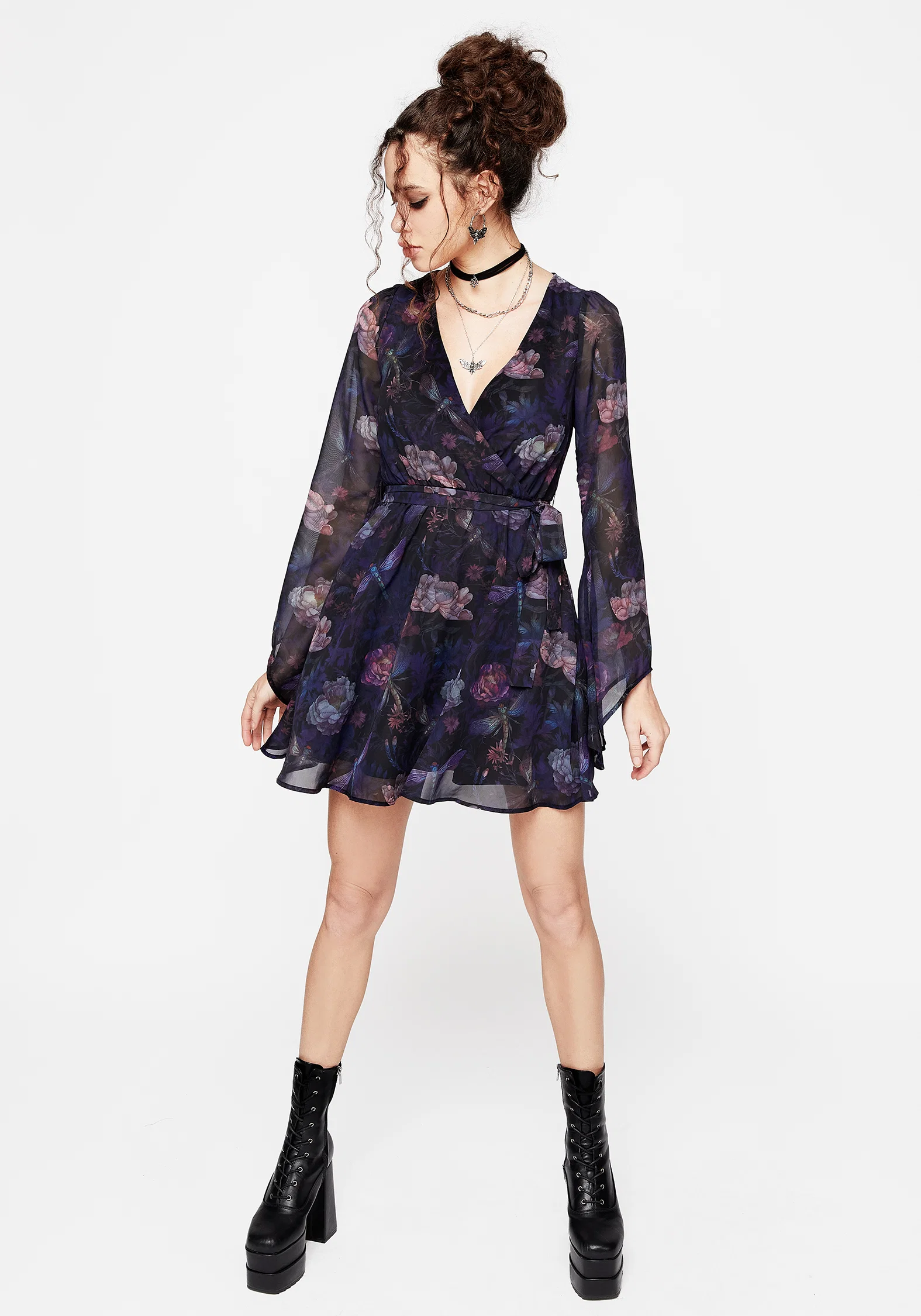 Dragonfly Floral Print Flute Sleeve Chiffon Mini Dress - Image 4