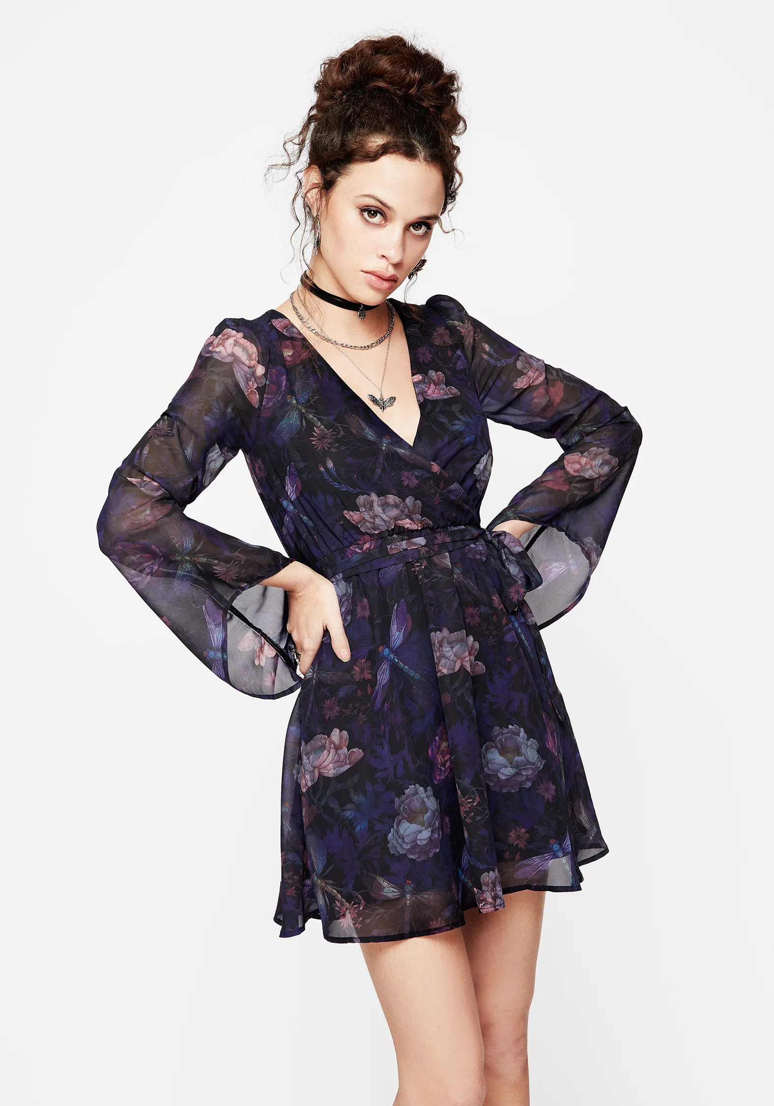 Dragonfly Floral Print Flute Sleeve Chiffon Mini Dress - Image 5