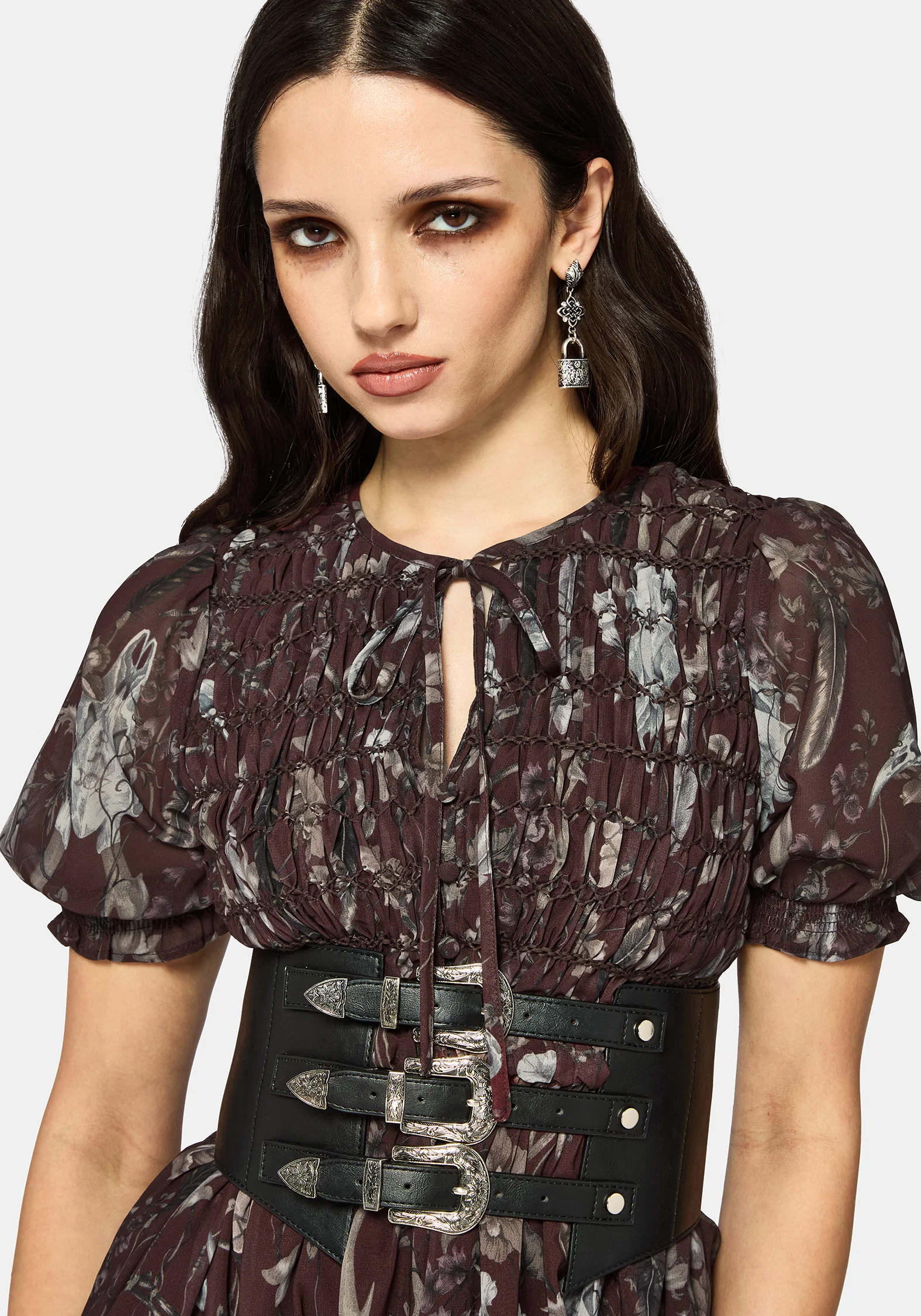 Dusha Garden Print Chiffon Shirred Button Down Midi Dress - Image 2