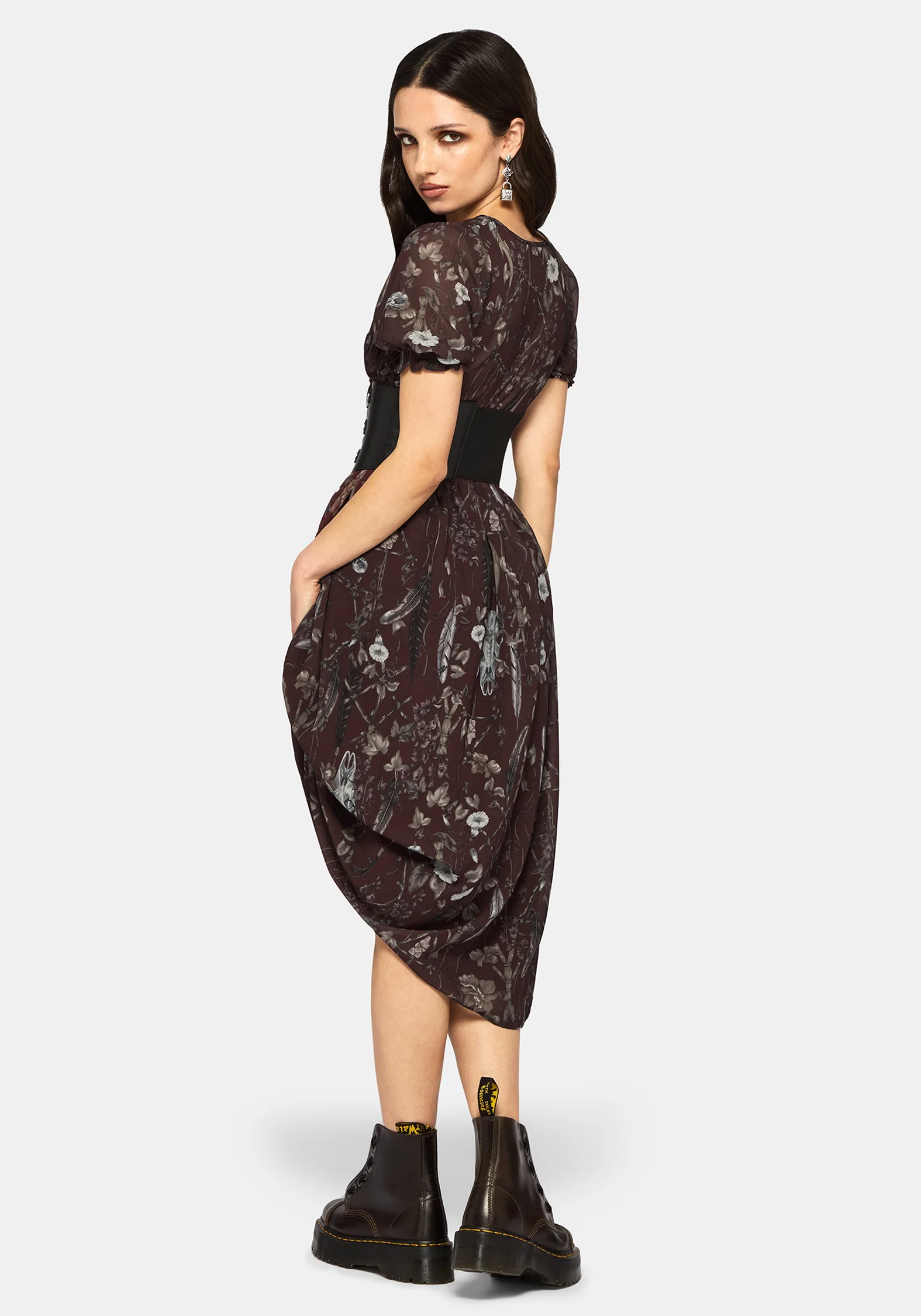 Dusha Garden Print Chiffon Shirred Button Down Midi Dress - Image 3
