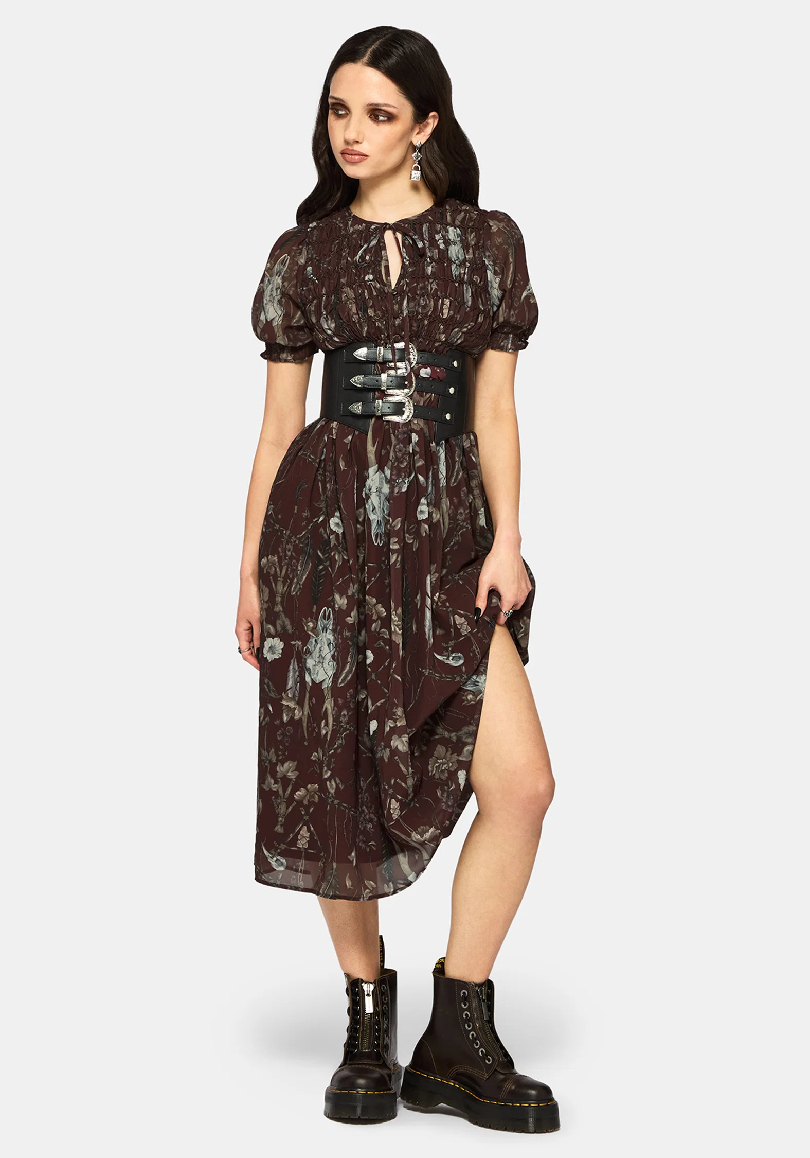 Dusha Garden Print Chiffon Shirred Button Down Midi Dress - Image 4