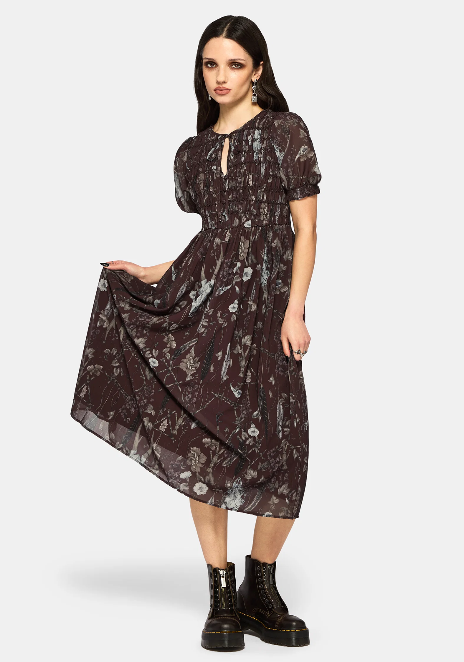 Dusha Garden Print Chiffon Shirred Button Down Midi Dress - Image 5