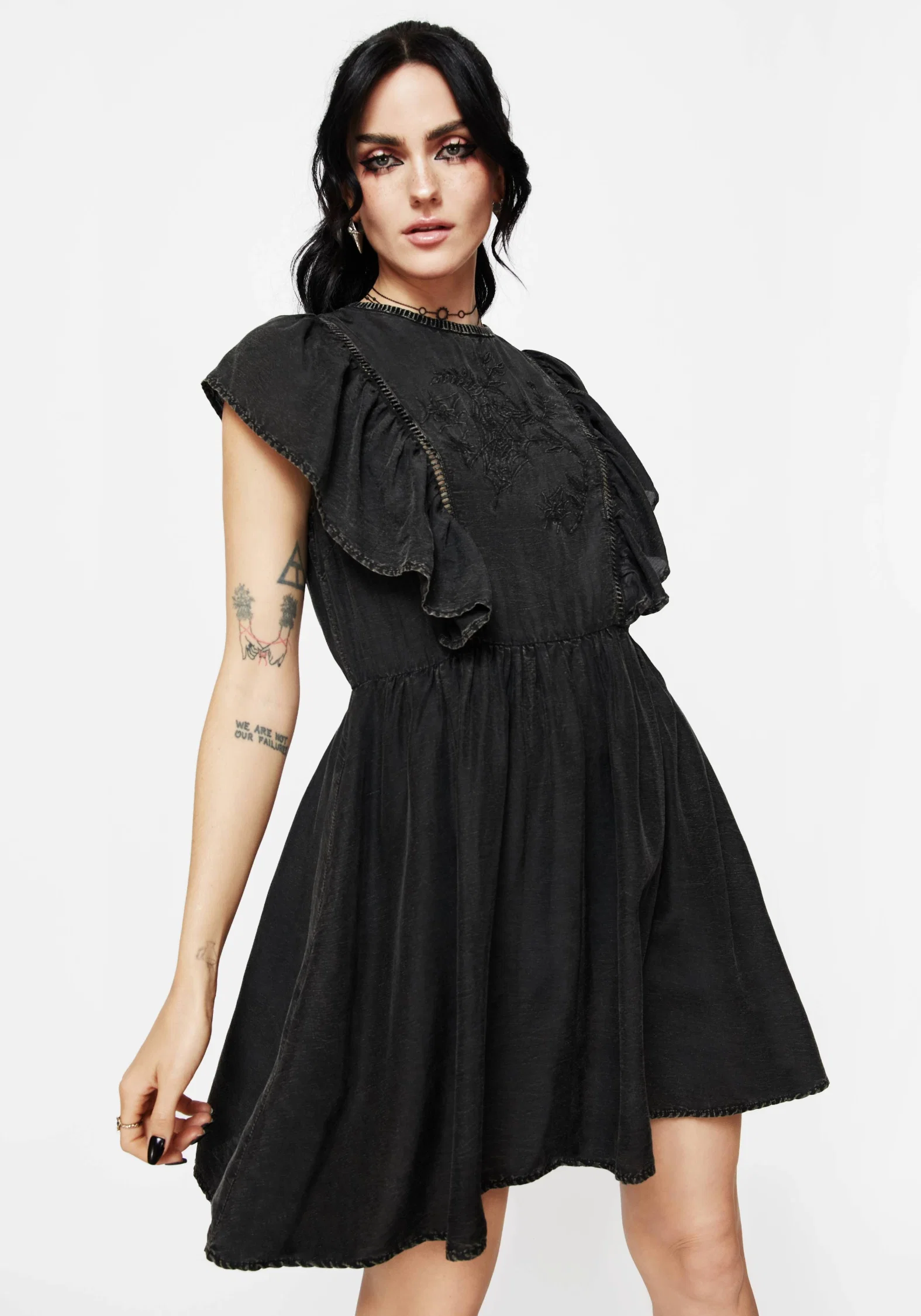 Eartha Cotton Embroidered Frill Detail Mini Dress - Image 4