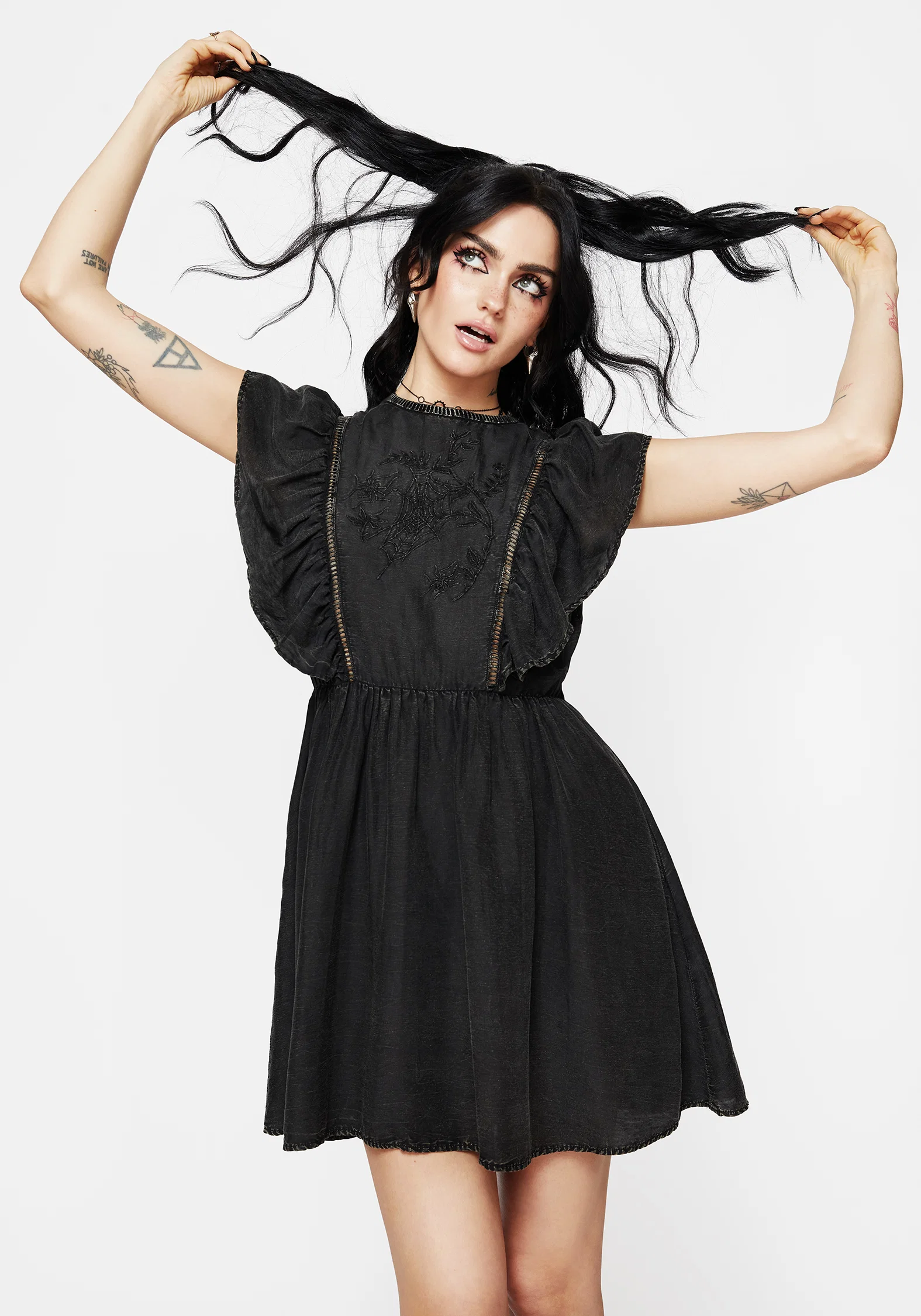 Eartha Cotton Embroidered Frill Detail Mini Dress - Image 5