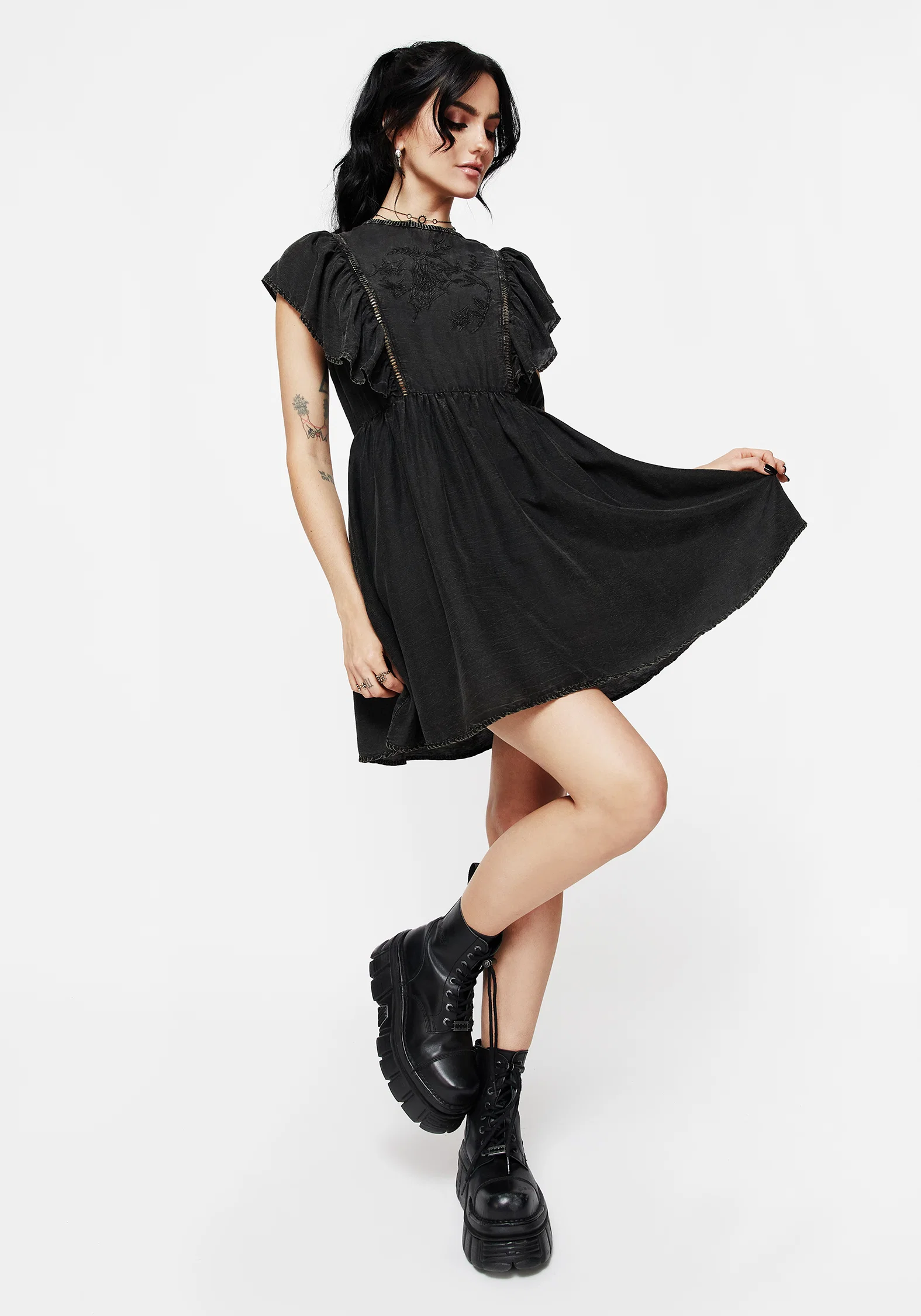 Eartha Cotton Embroidered Frill Detail Mini Dress - Image 6