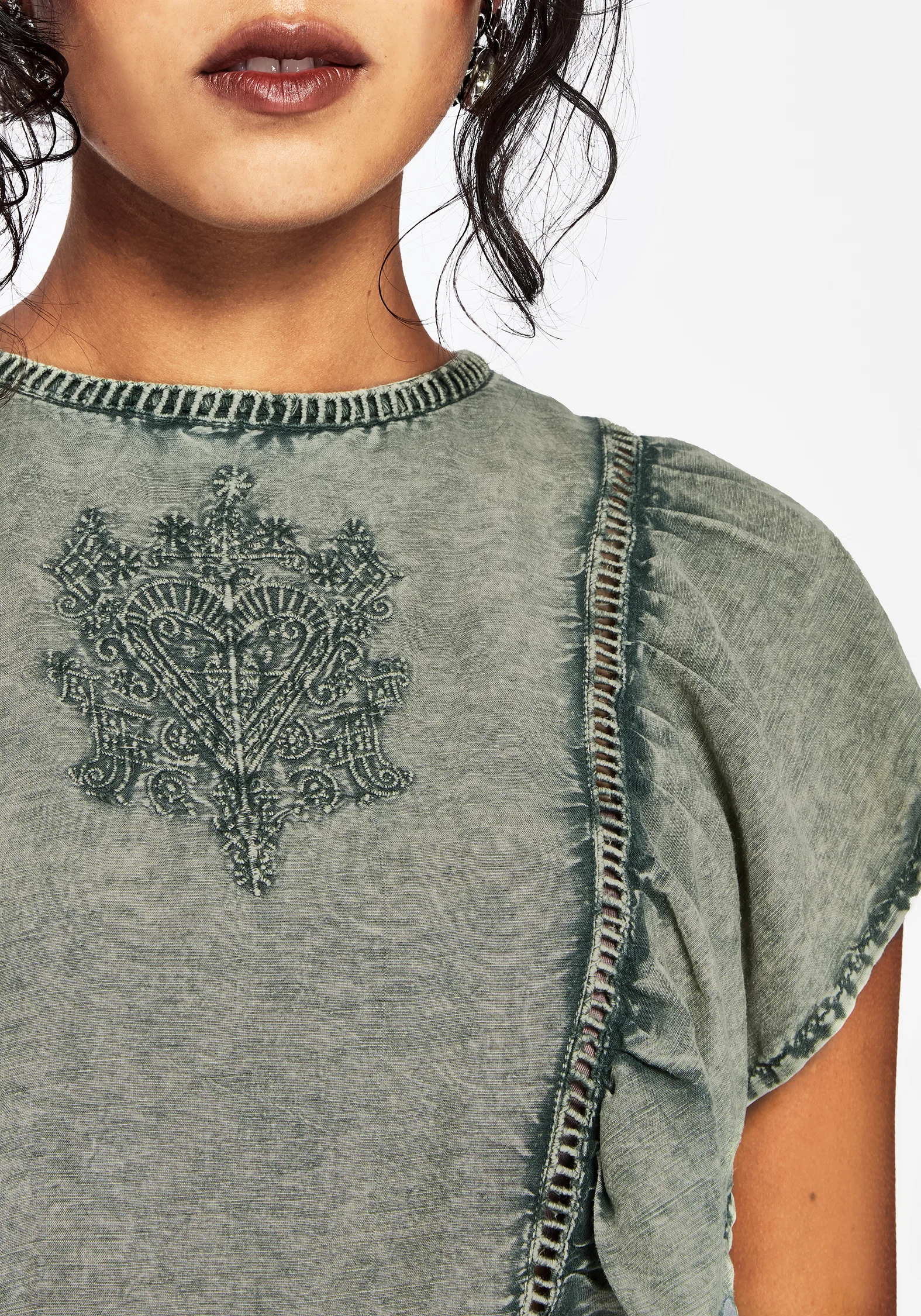Eartha Embroidered Cotton Frill Detail Peplum Top - Image 2