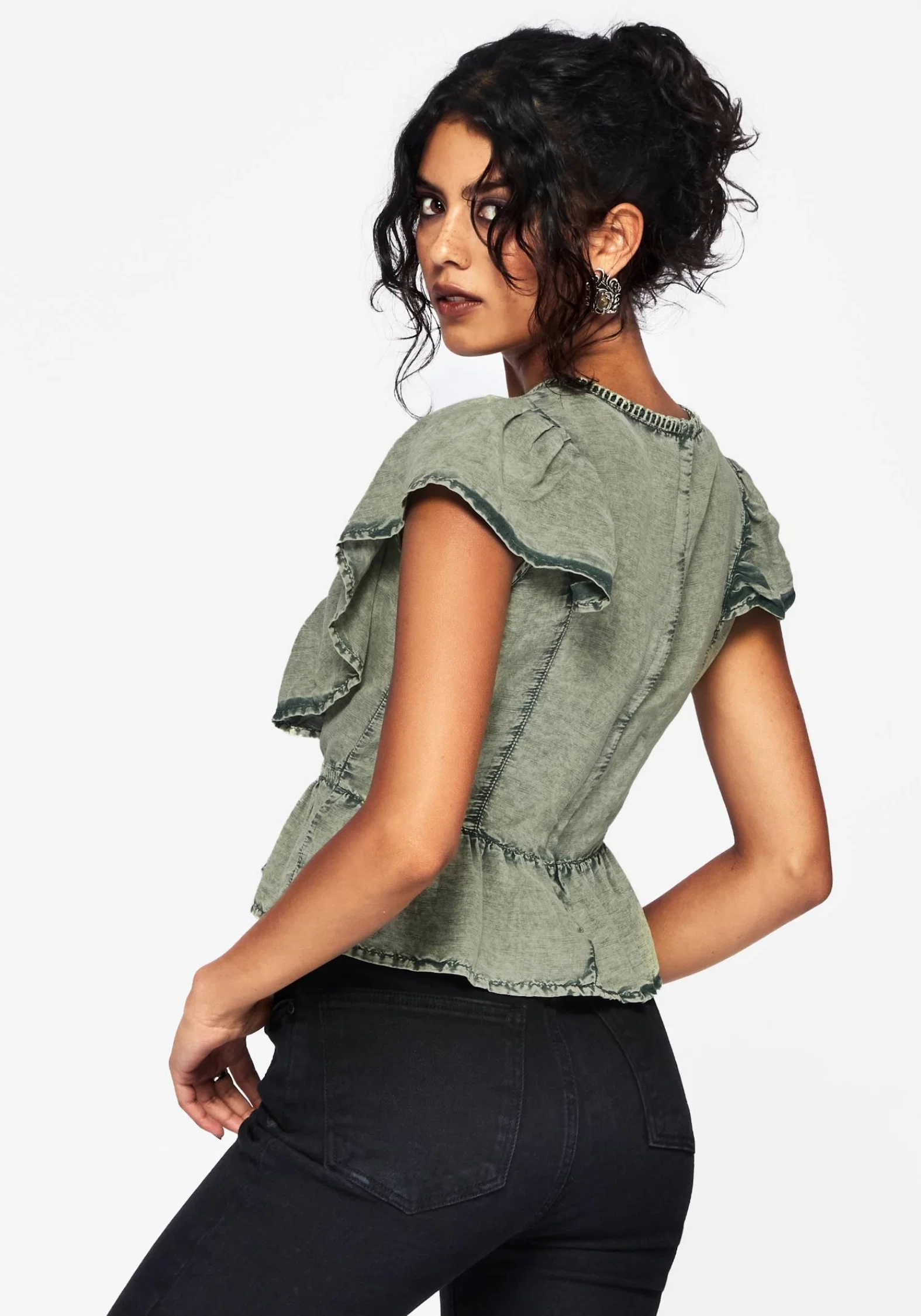 Eartha Embroidered Cotton Frill Detail Peplum Top - Image 3