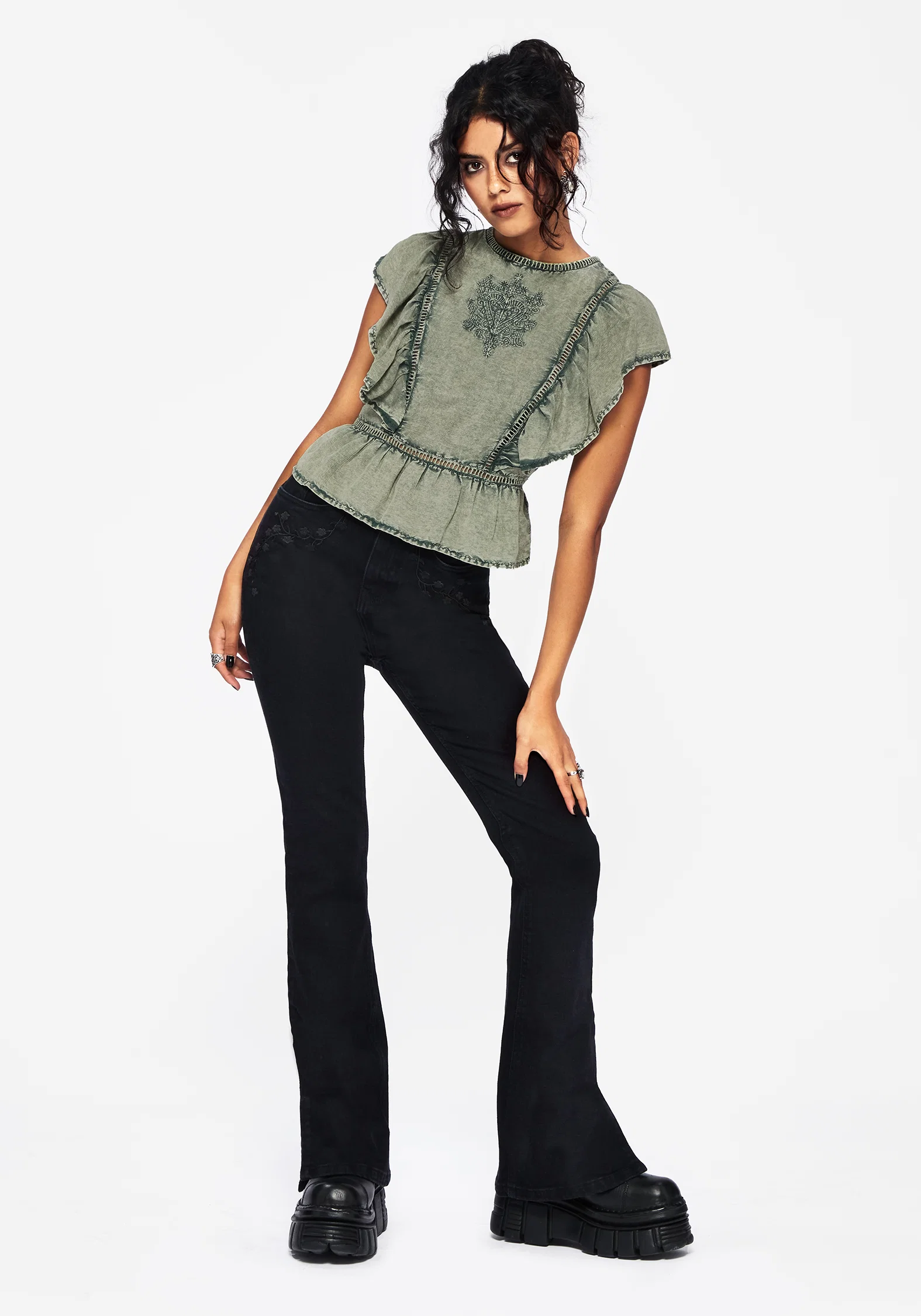 Eartha Embroidered Cotton Frill Detail Peplum Top - Image 4