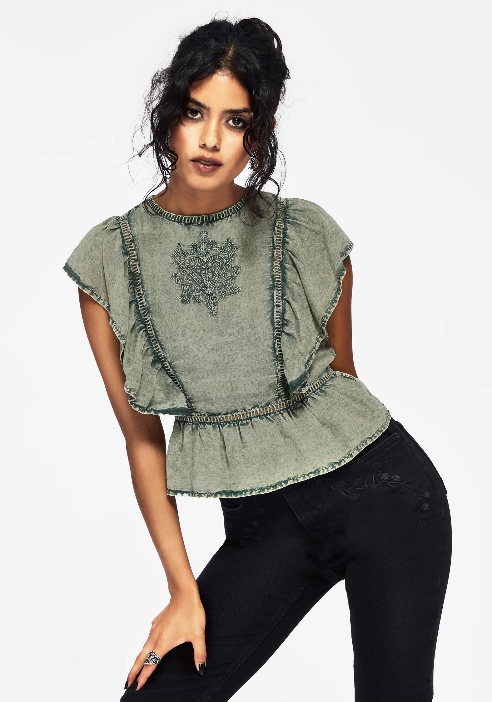 Eartha Embroidered Cotton Frill Detail Peplum Top - Image 5