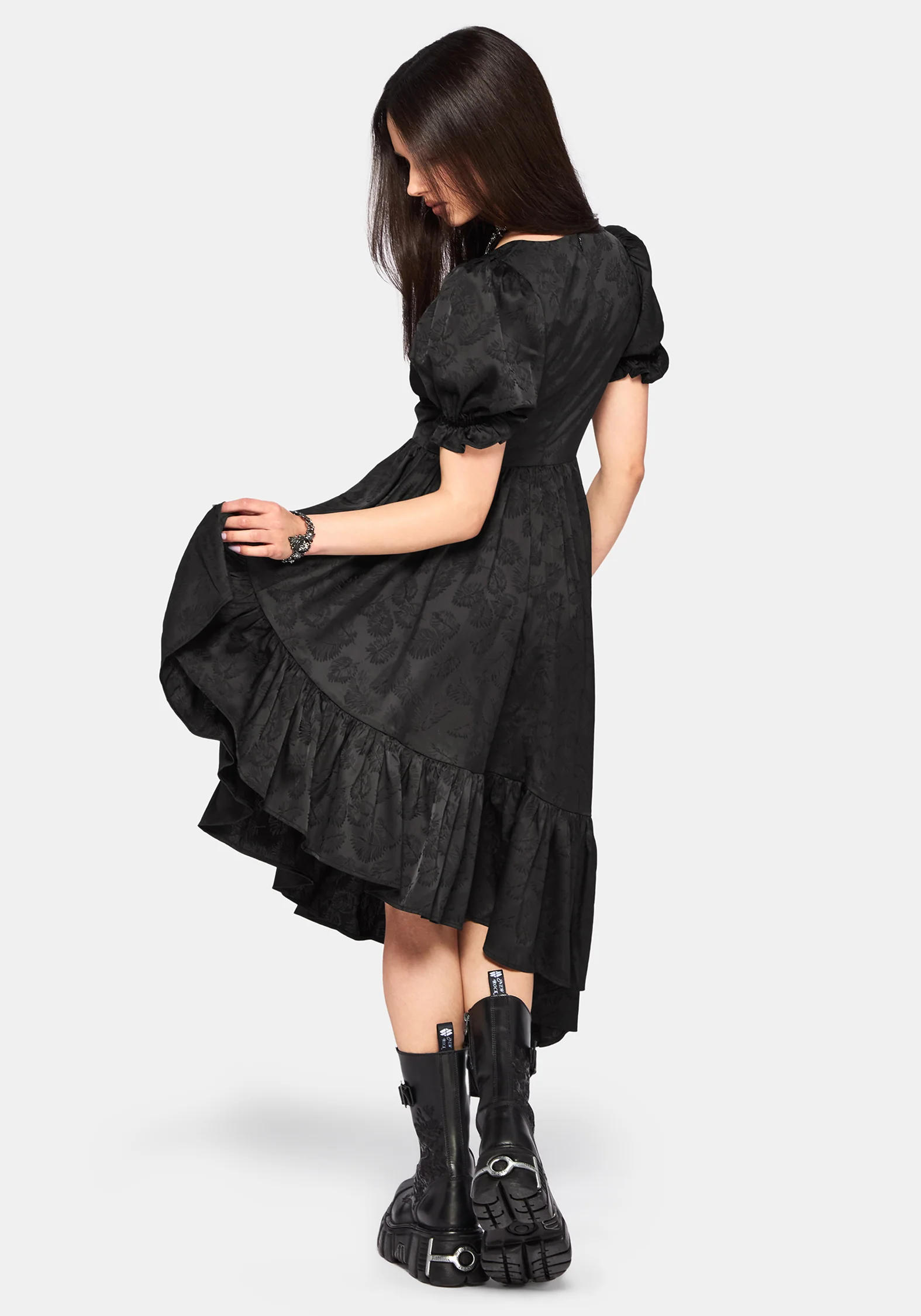 Elaria Jacquard Puff Sleeve Asymmetric High Low Midaxi Dress - Image 3