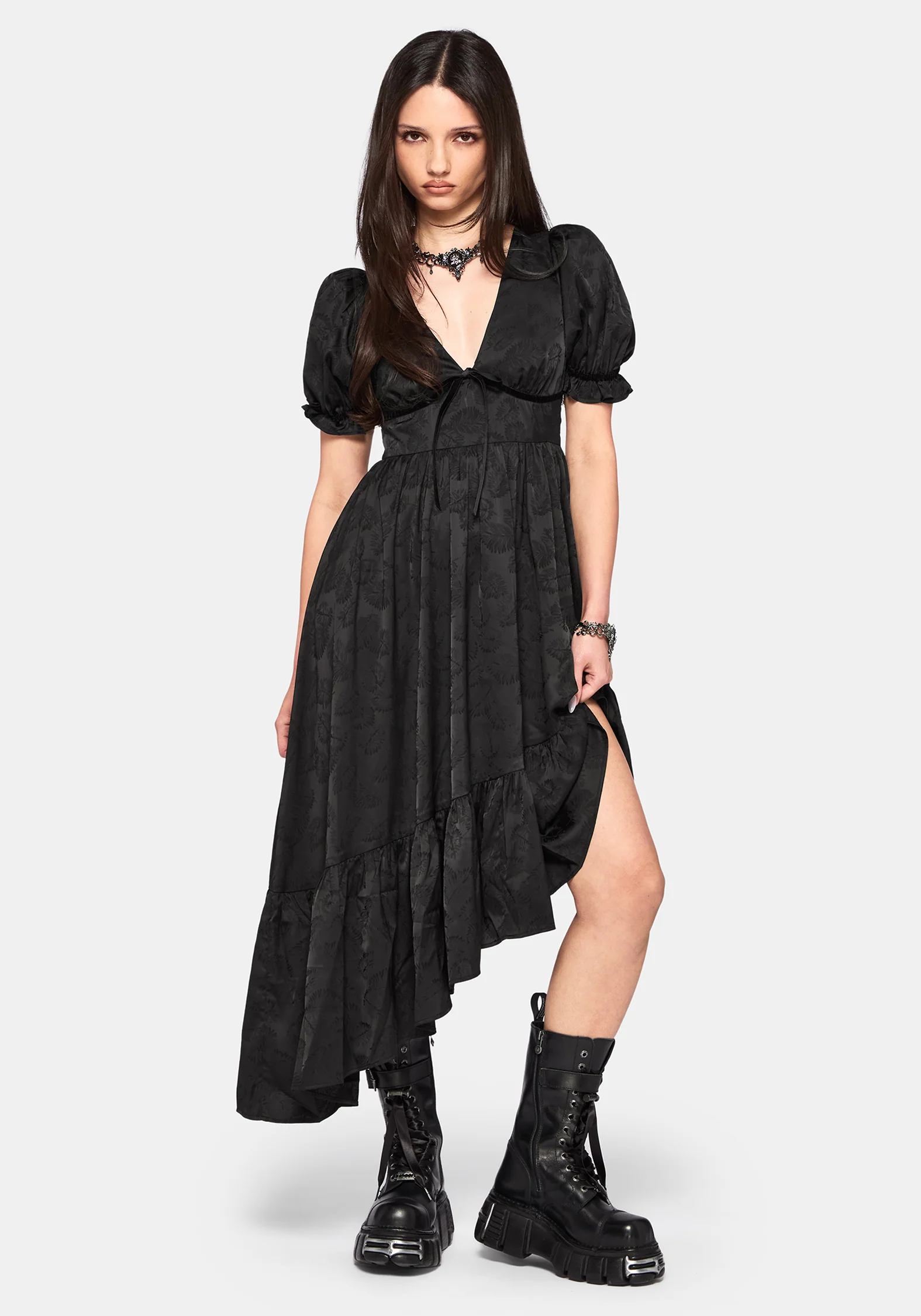 Elaria Jacquard Puff Sleeve Asymmetric High Low Midaxi Dress - Image 4
