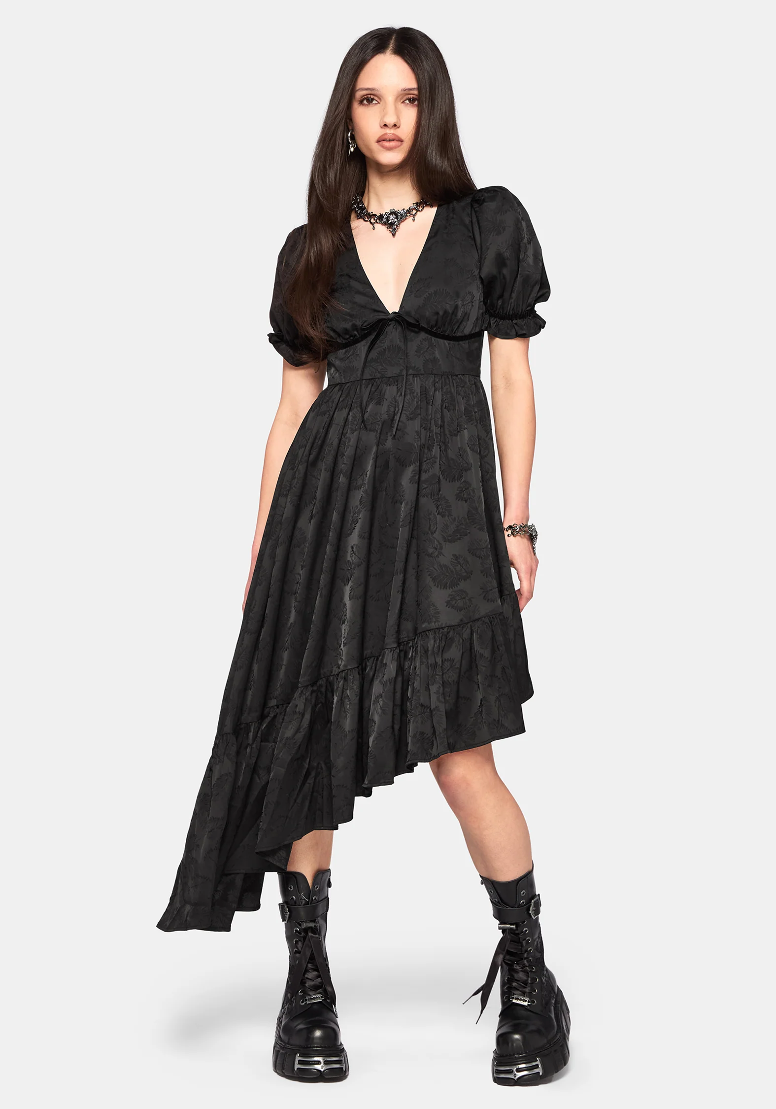 Elaria Jacquard Puff Sleeve Asymmetric High Low Midaxi Dress - Image 6