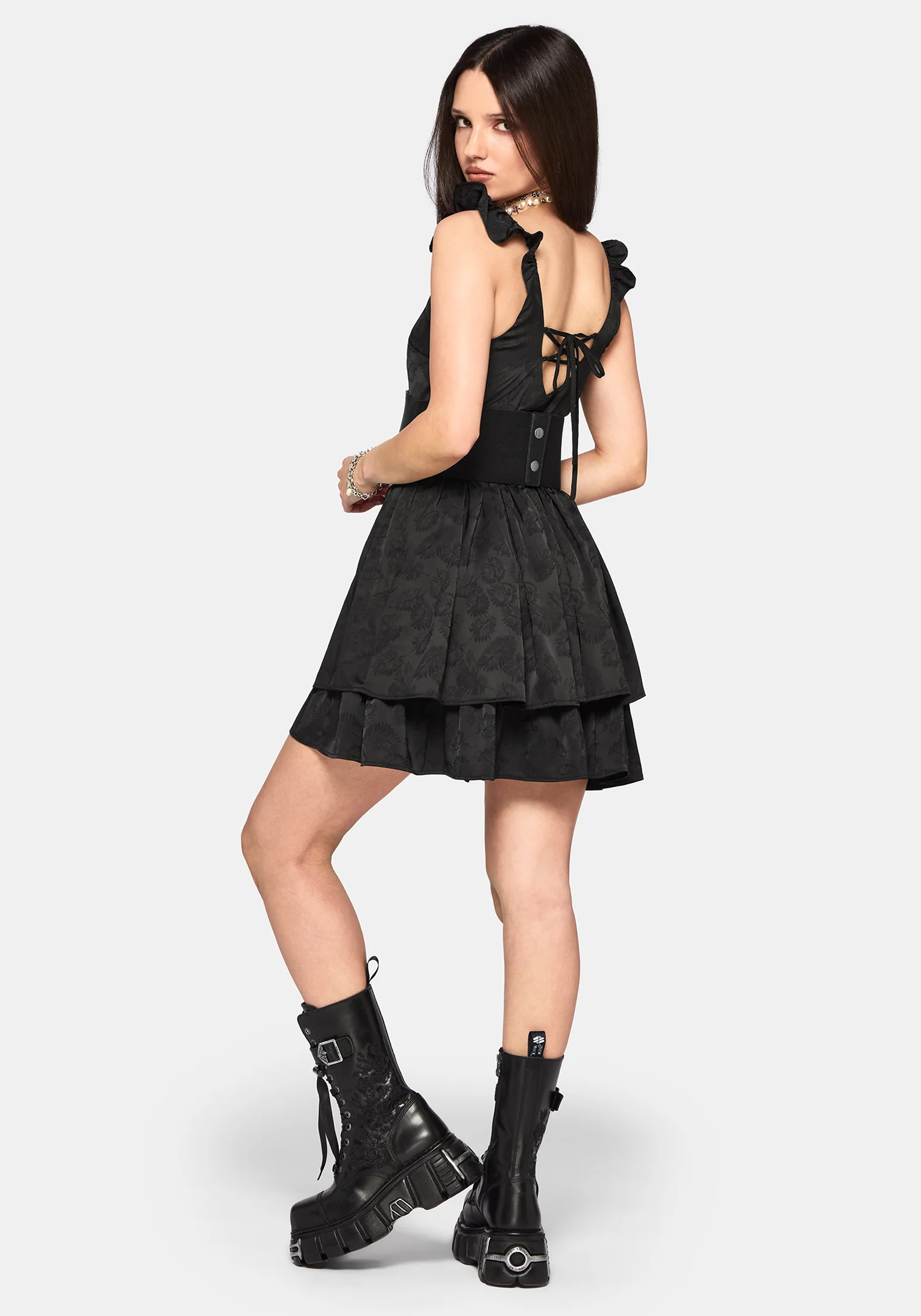 Elaria Jacquard Tie Back Tiered Babydoll Mini Dress - Image 3