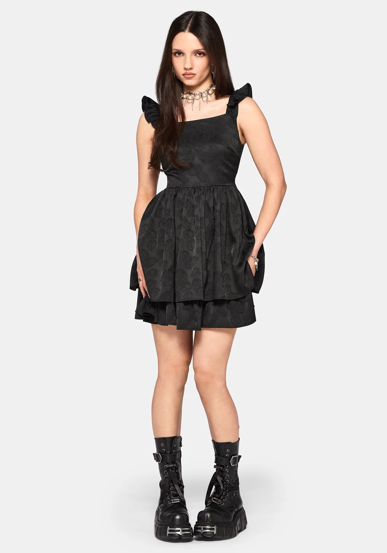Elaria Jacquard Tie Back Tiered Babydoll Mini Dress - Image 4
