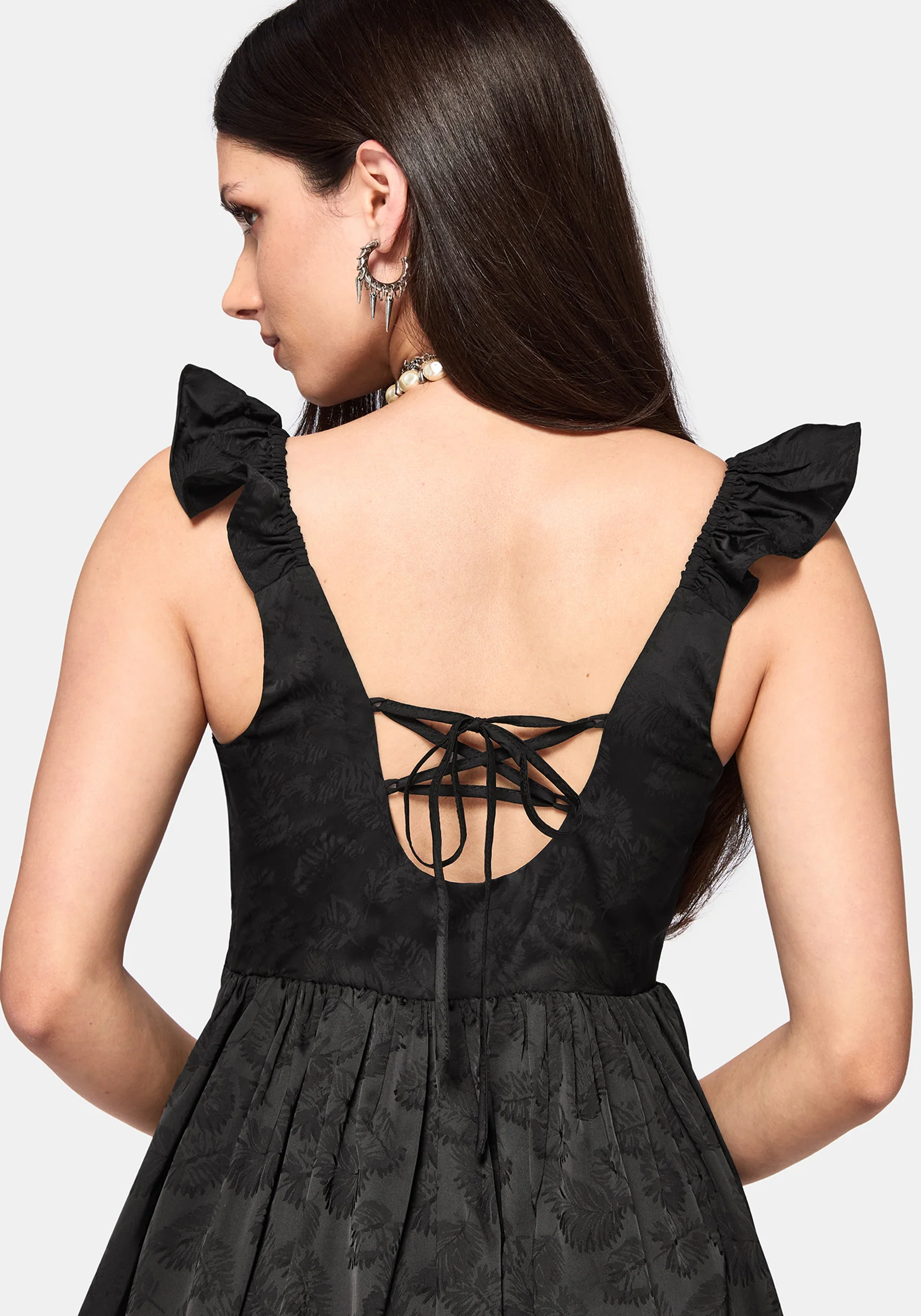 Elaria Jacquard Tie Back Tiered Babydoll Mini Dress - Image 5