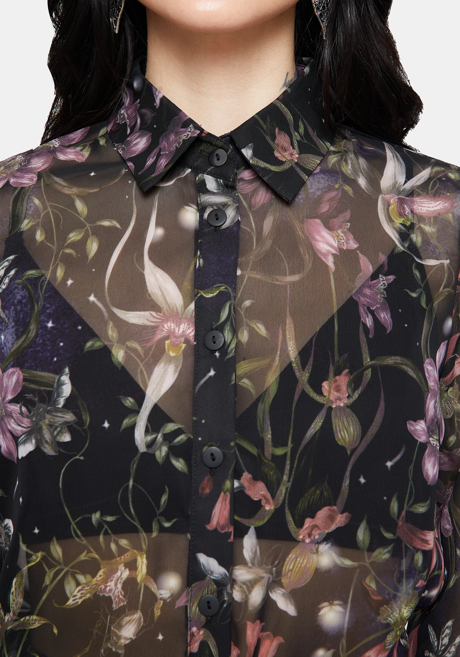 Elide Black Orchid Print Chiffon Blouse - Image 2