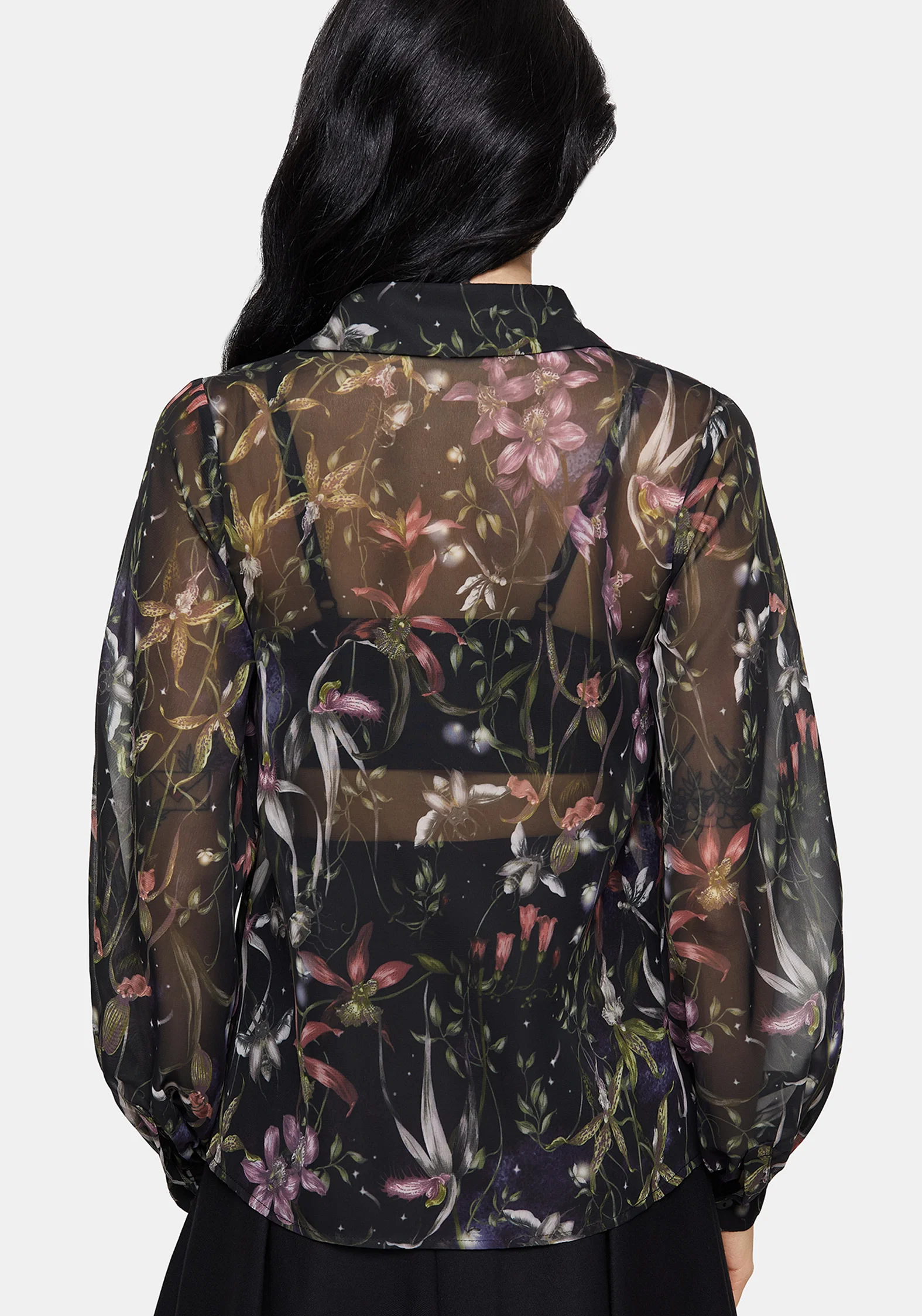 Elide Black Orchid Print Chiffon Blouse - Image 3