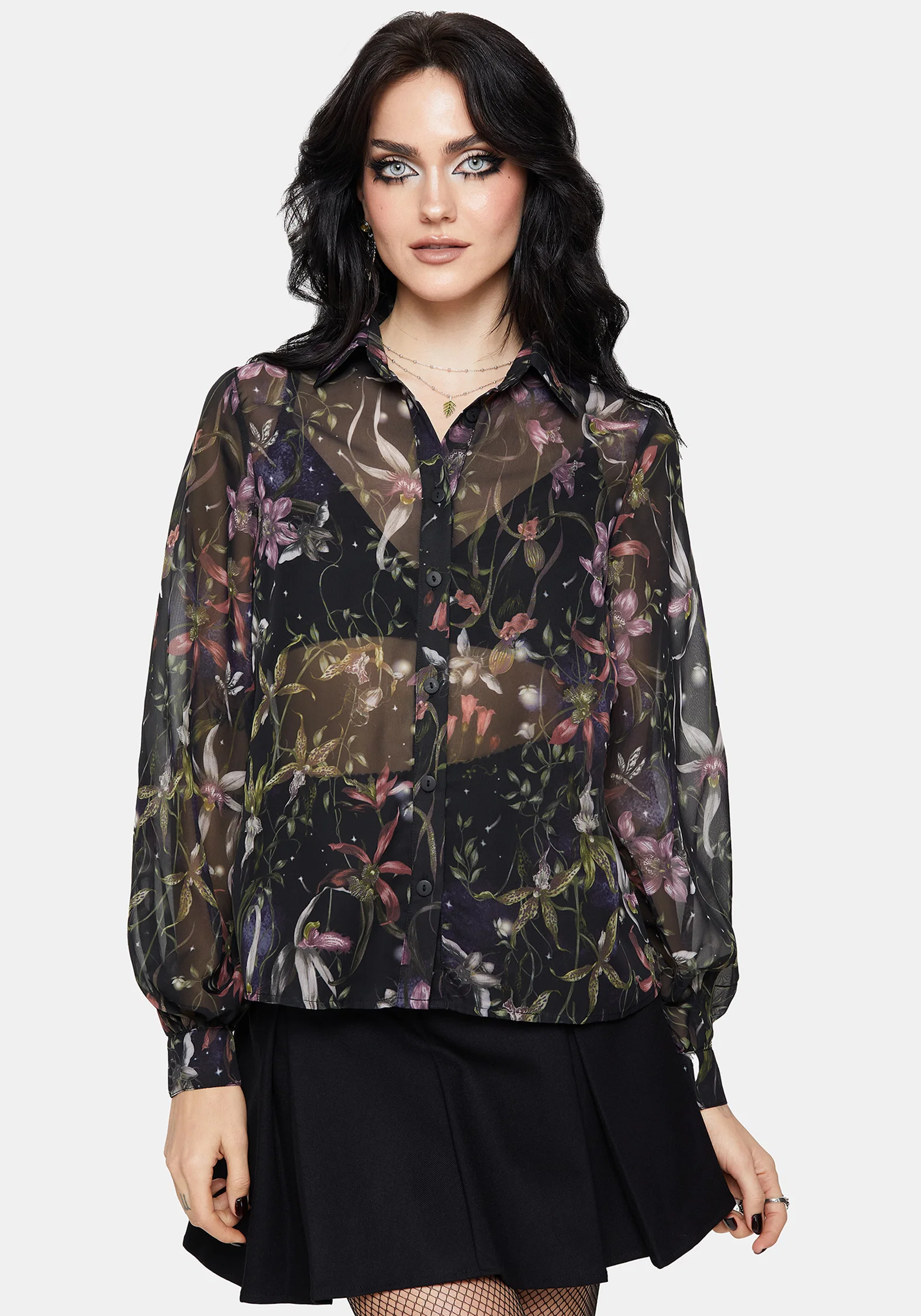 Elide Black Orchid Print Chiffon Blouse - Image 5