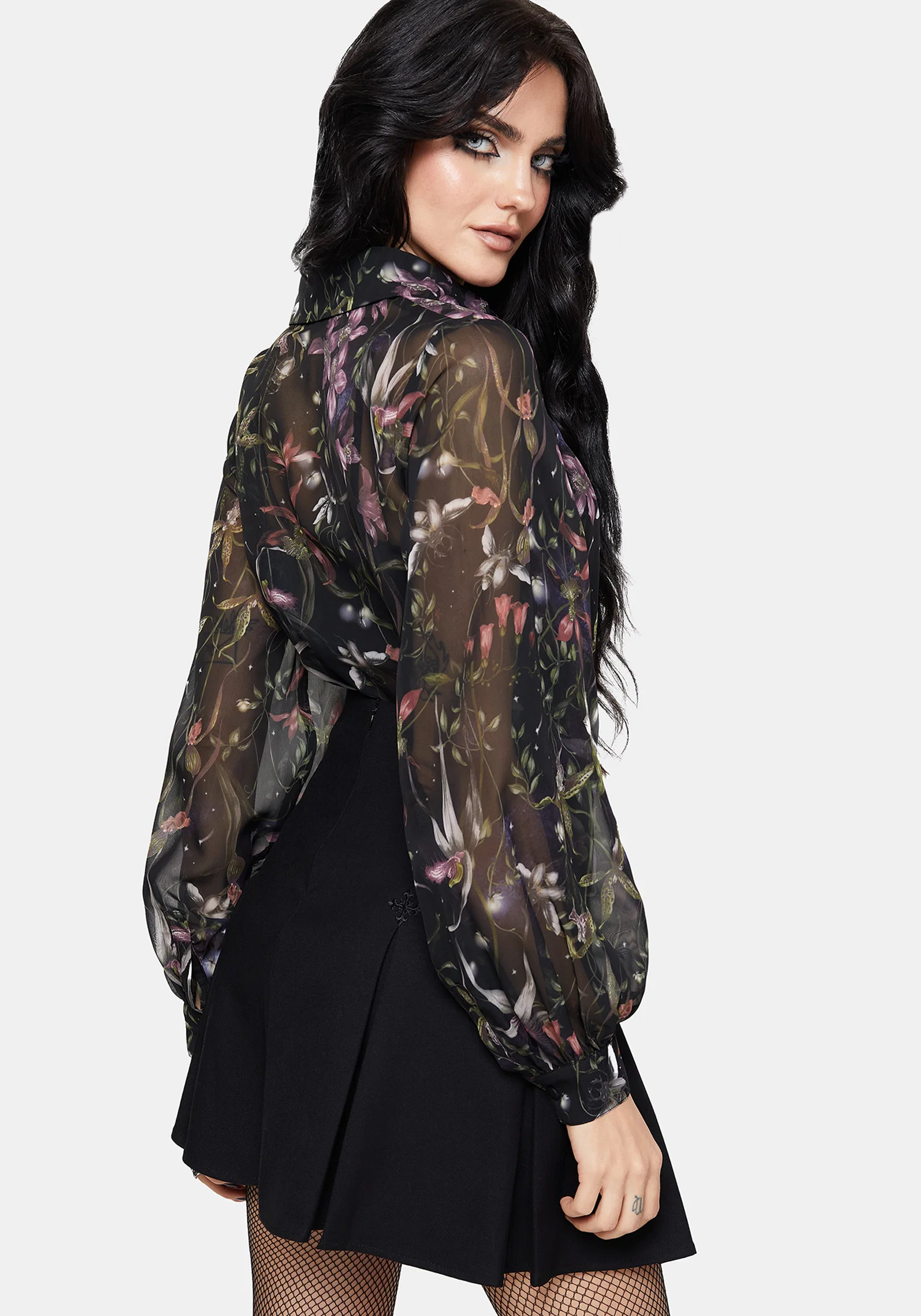 Elide Black Orchid Print Chiffon Blouse - Image 6