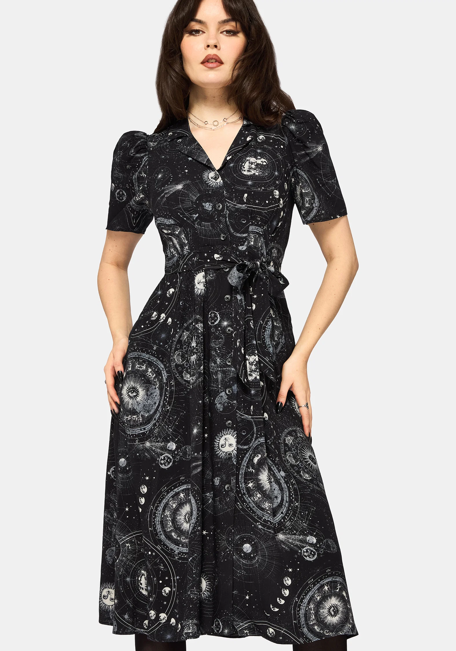 Elise Celestial Print Puff Sleeve Midaxi Shirt Dress - Image 5