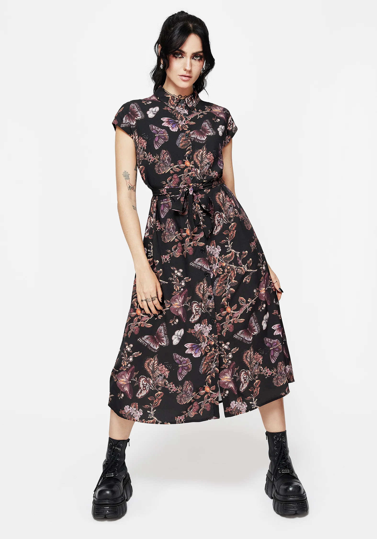 Eloise Floral Butterfly Print Button Up Midi Dress - Image 5