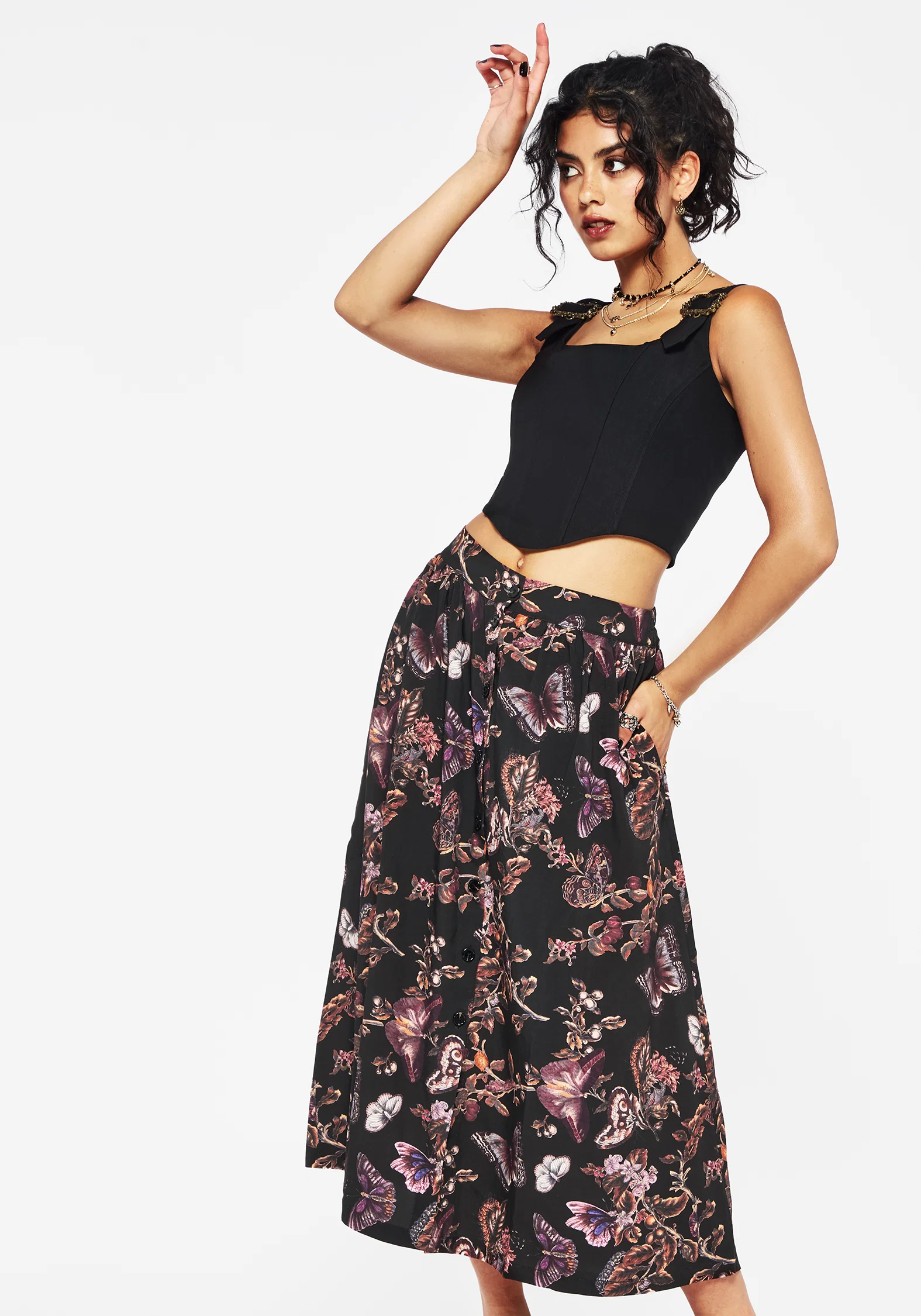 Eloise Floral Butterfly Print Button Up Midi Skirt - Image 5