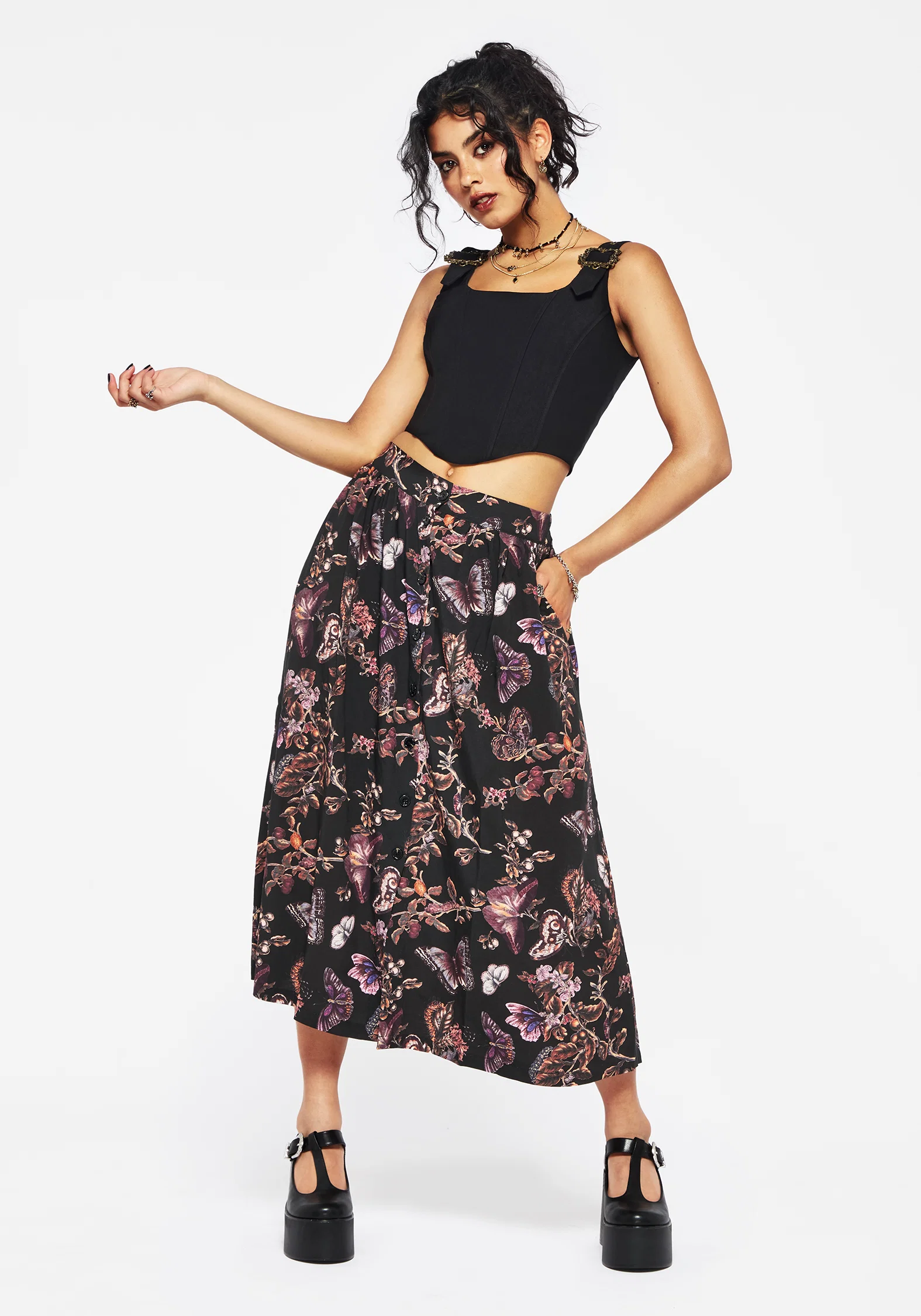 Eloise Floral Butterfly Print Button Up Midi Skirt - Image 6