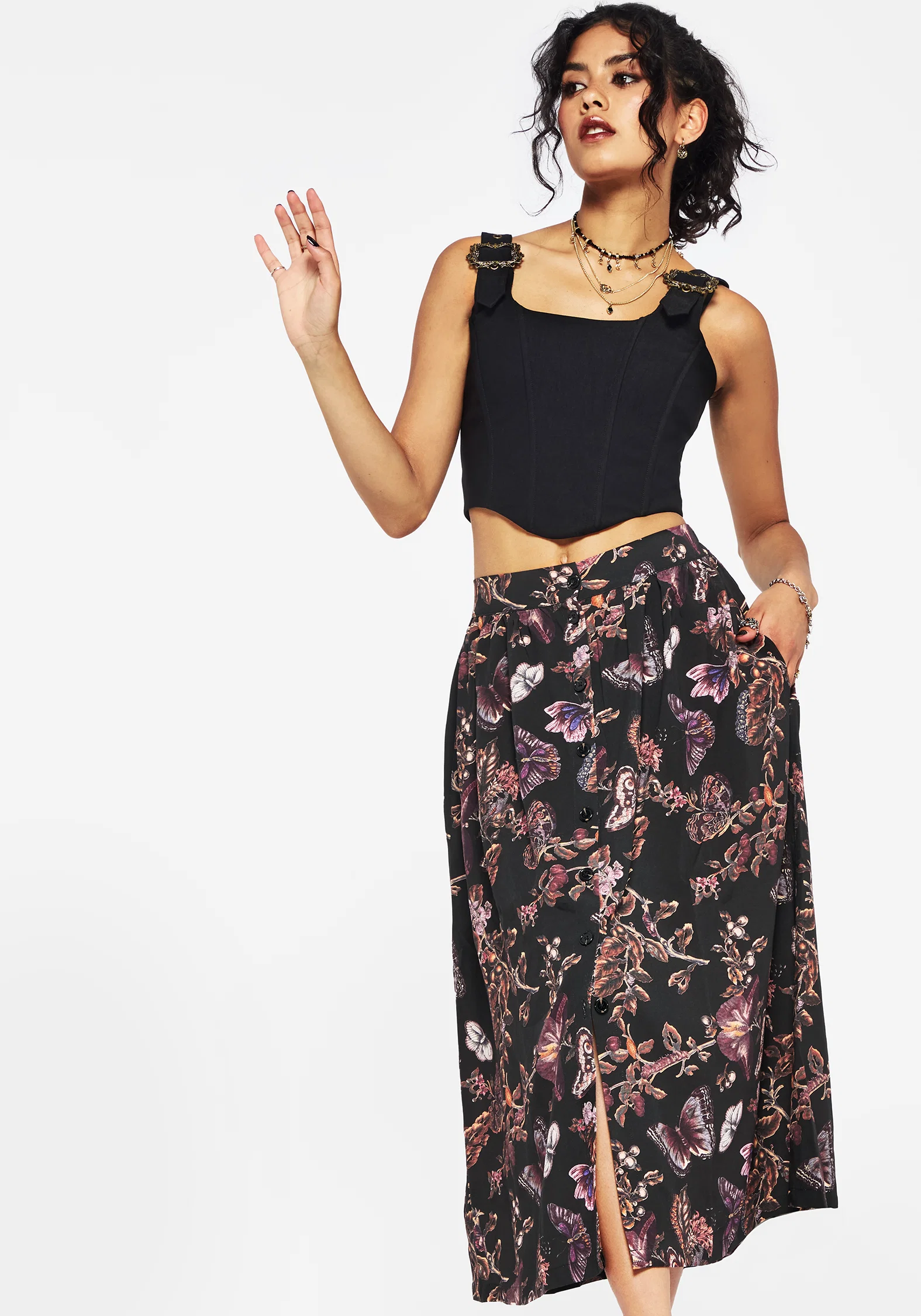 Eloise Floral Butterfly Print Button Up Midi Skirt - Image 7