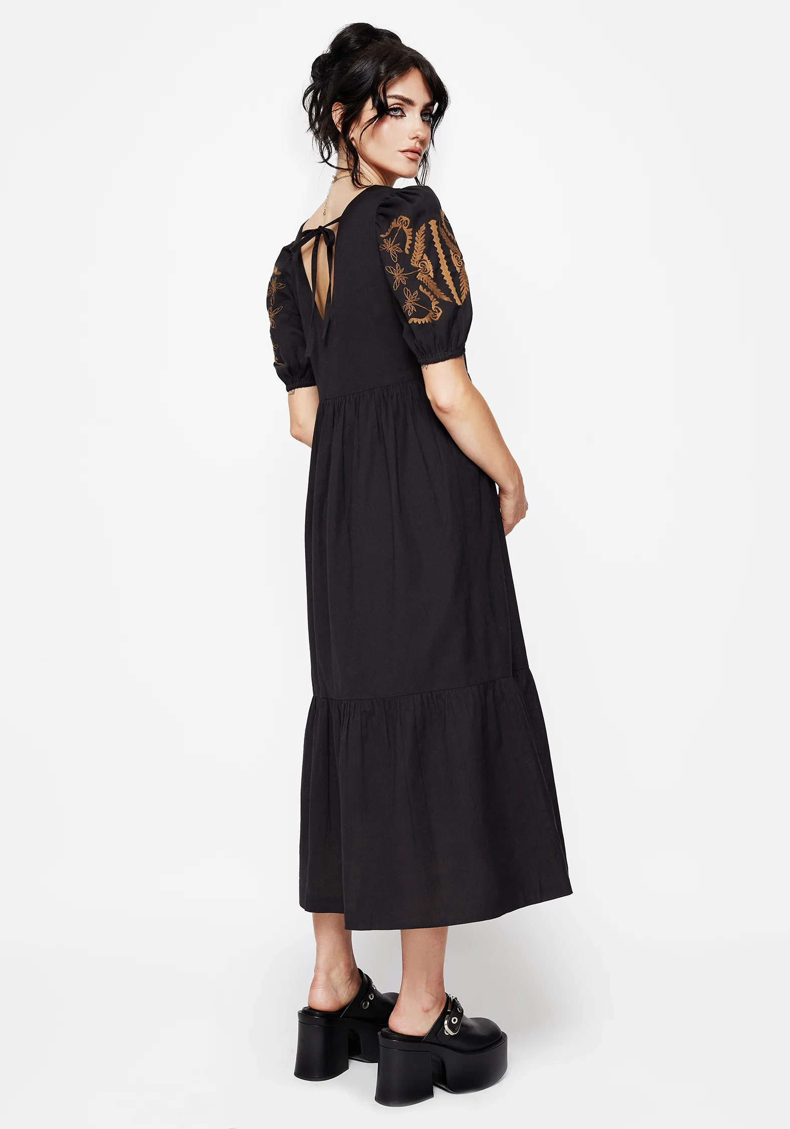 Emberflit Cotton Blend Moth Embroidered Smock Maxi Dress - Image 3