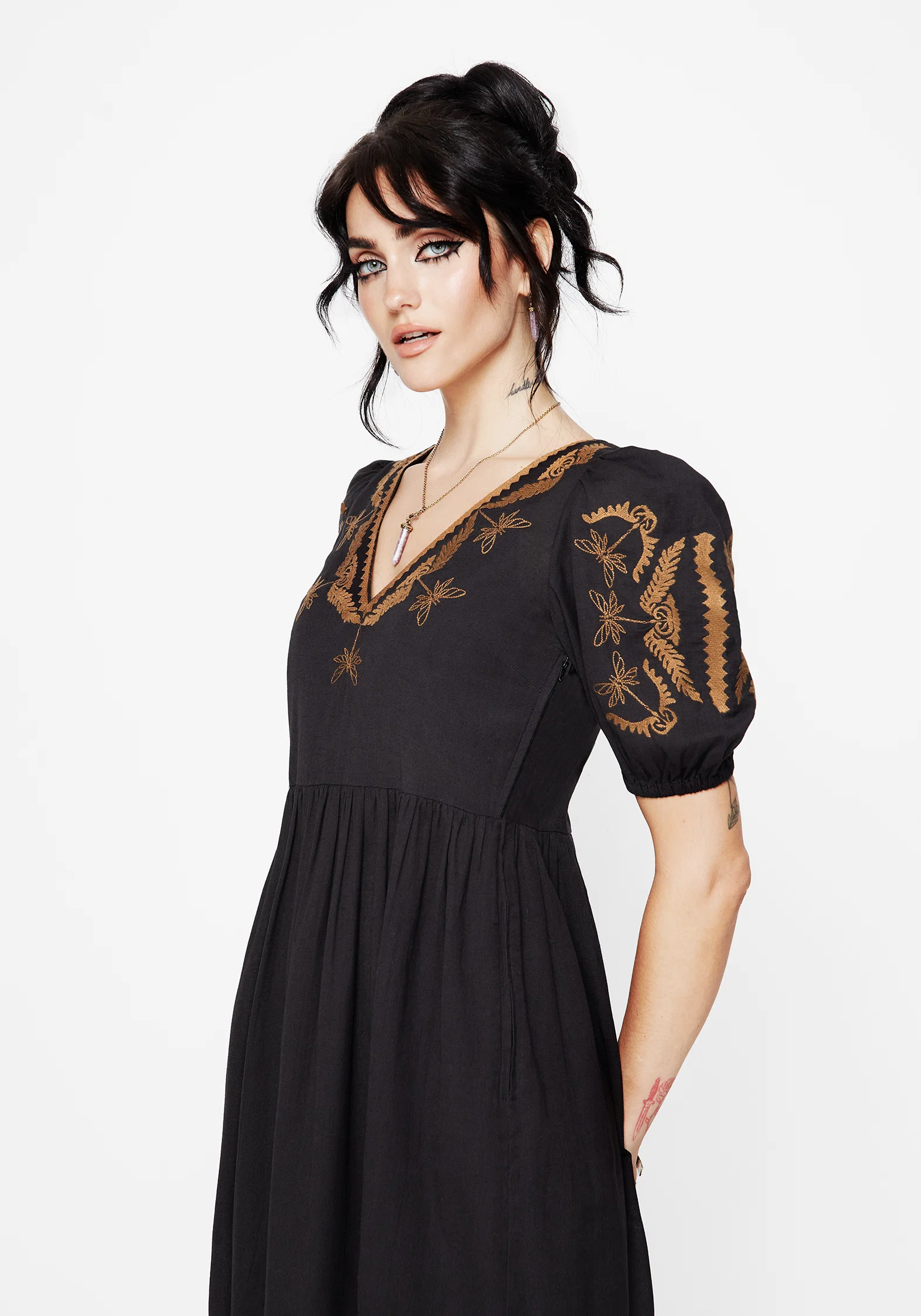 Emberflit Cotton Blend Moth Embroidered Smock Maxi Dress - Image 4
