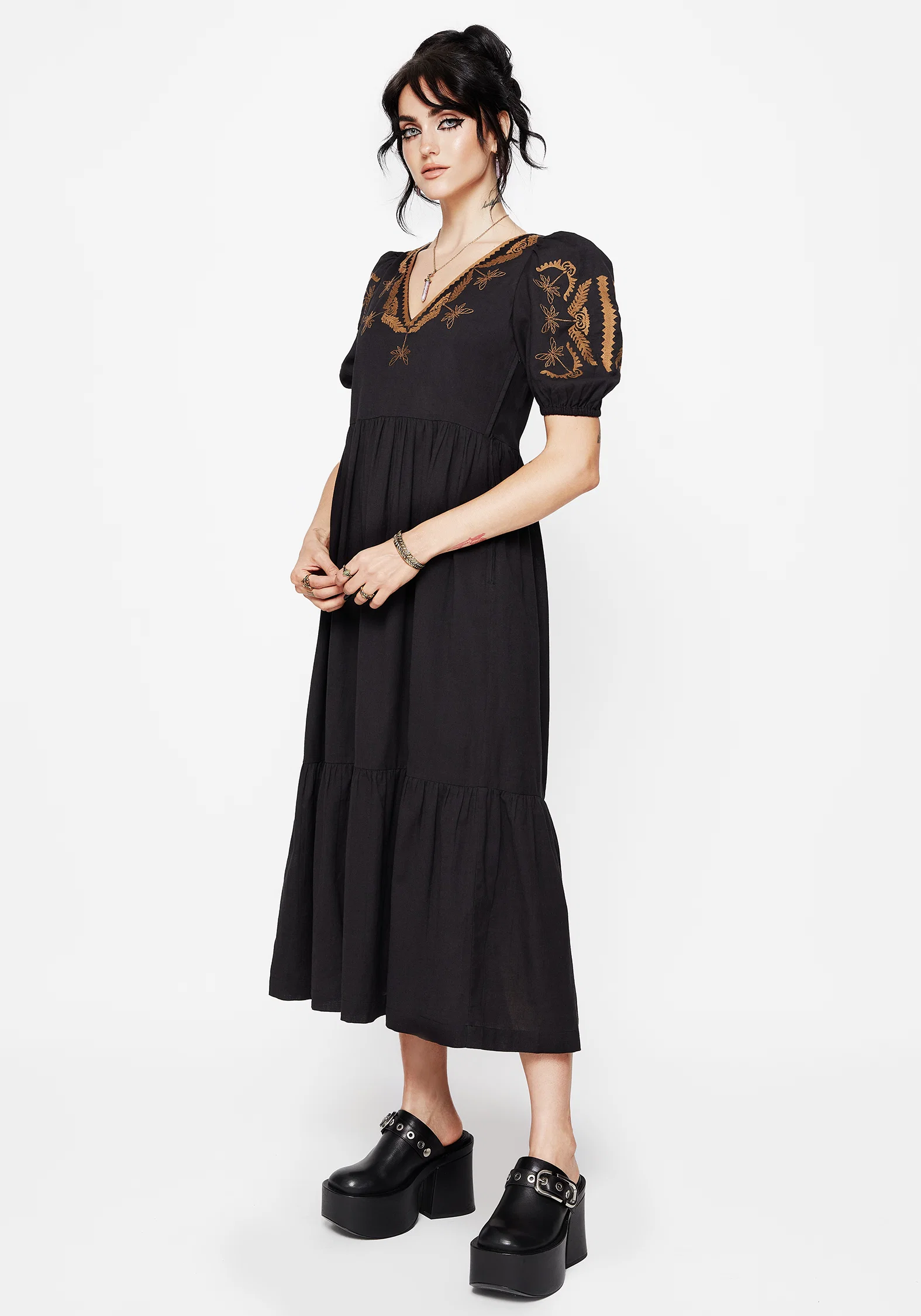 Emberflit Cotton Blend Moth Embroidered Smock Maxi Dress - Image 5