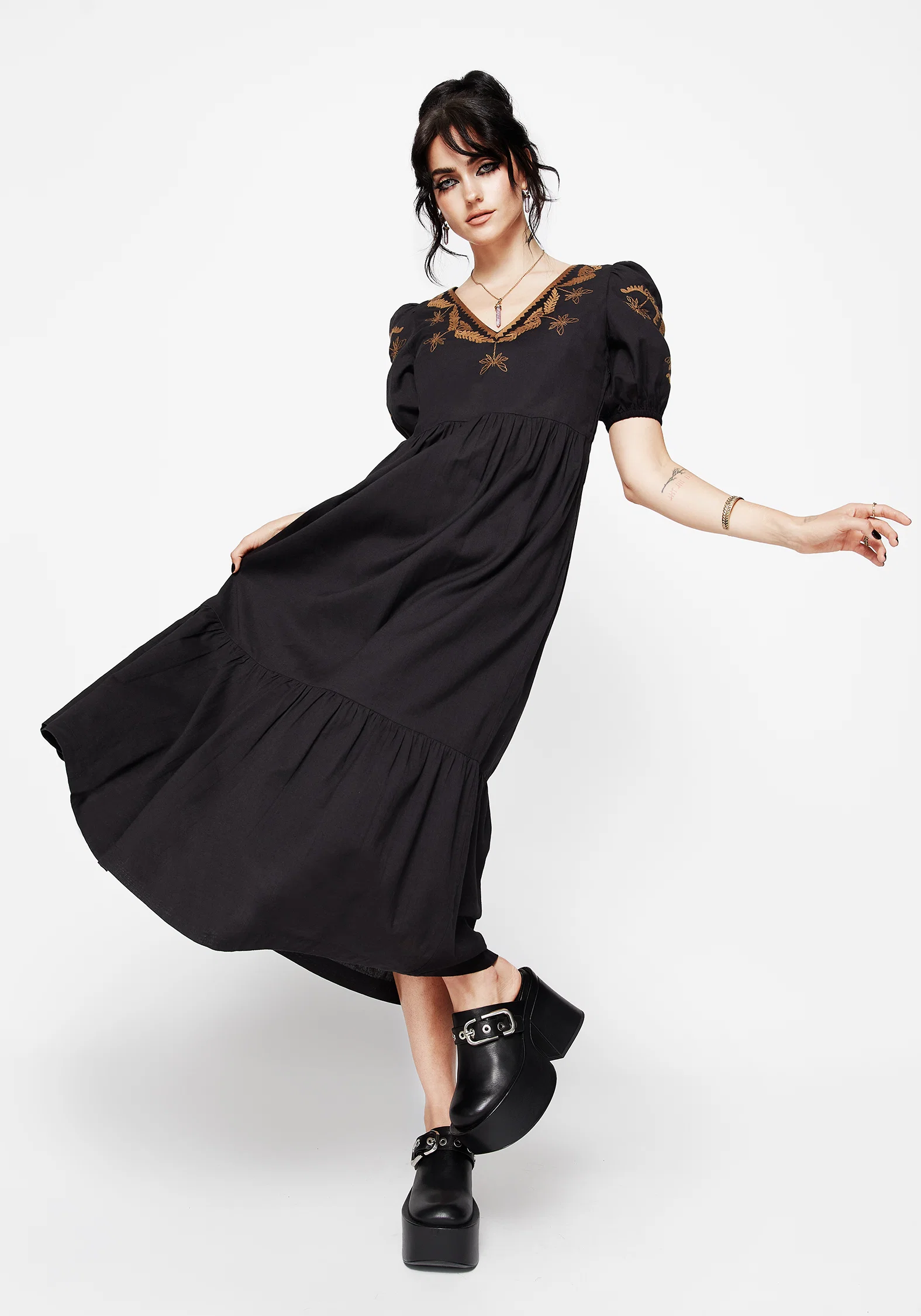 Emberflit Cotton Blend Moth Embroidered Smock Maxi Dress - Image 7
