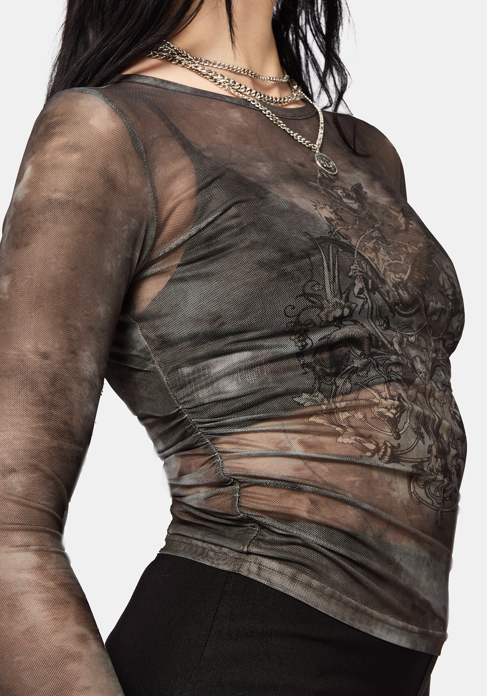 Eros Realm Mesh Long Sleeve Ruche Top - Image 2