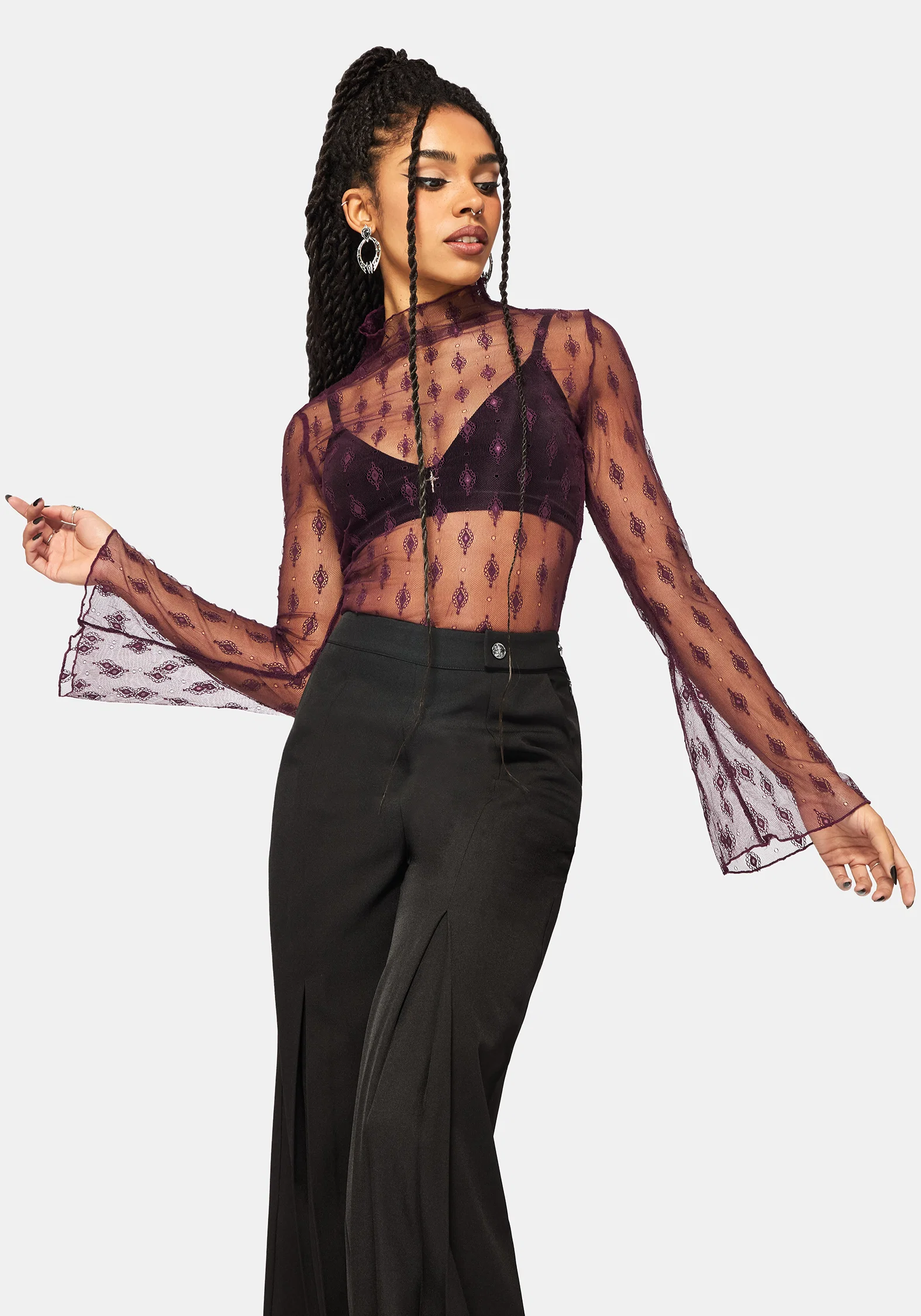 Essendi Long Sleeve Mesh Top - Burgundy - Image 5