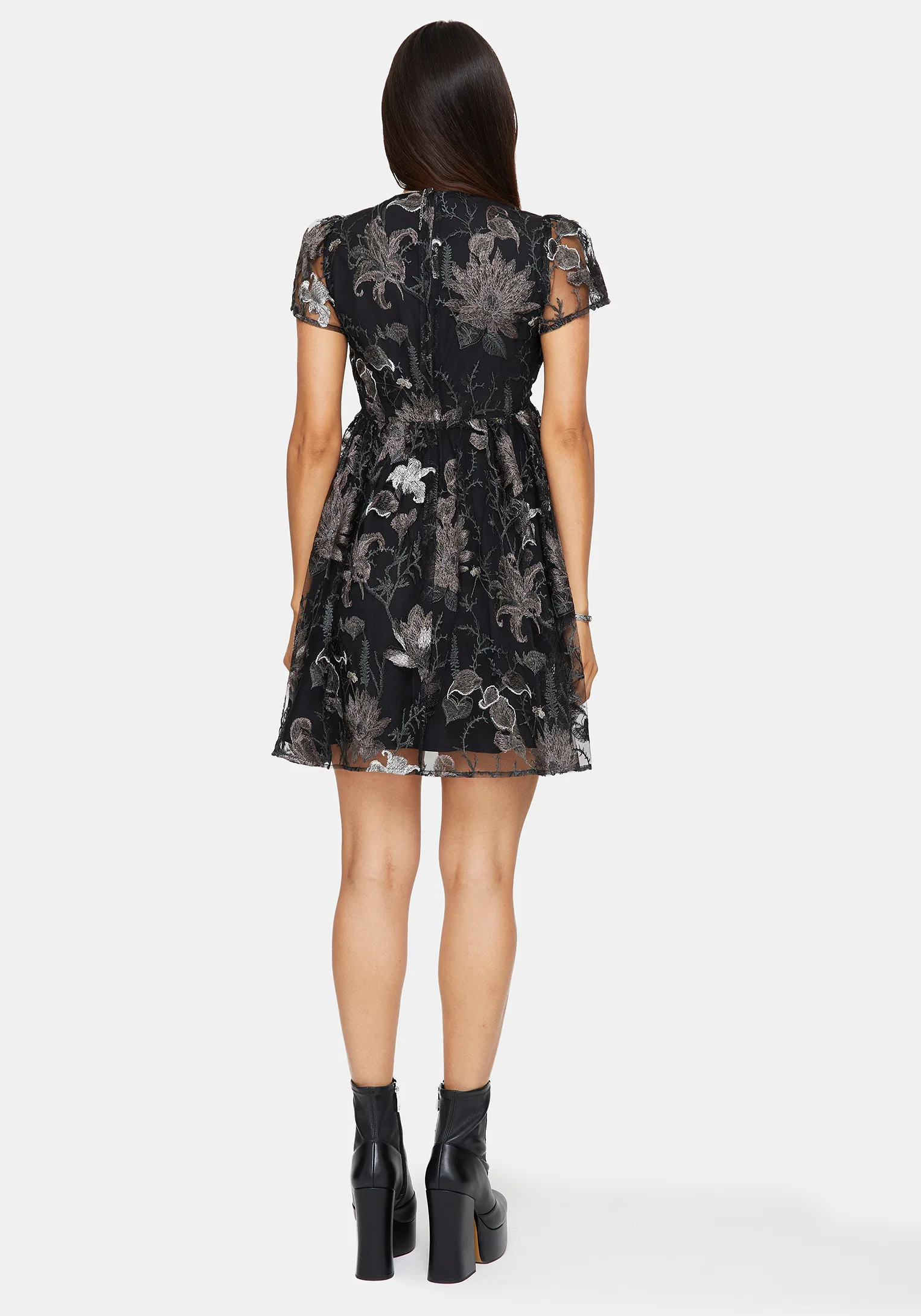 Estrid Embroidered Mesh Flute Sleeve Mini Dress - Silver - Image 3