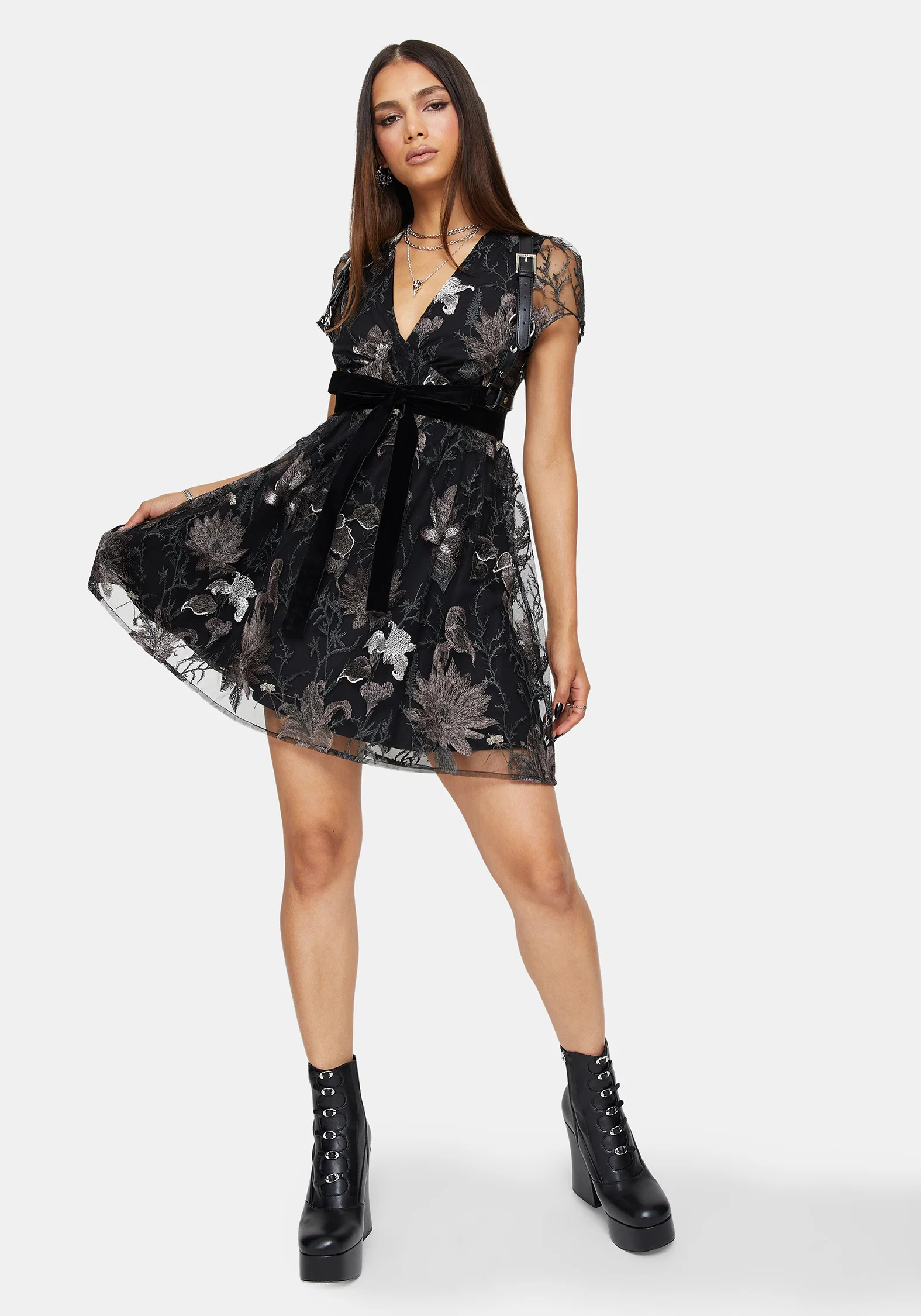 Estrid Embroidered Mesh Flute Sleeve Mini Dress - Silver - Image 5