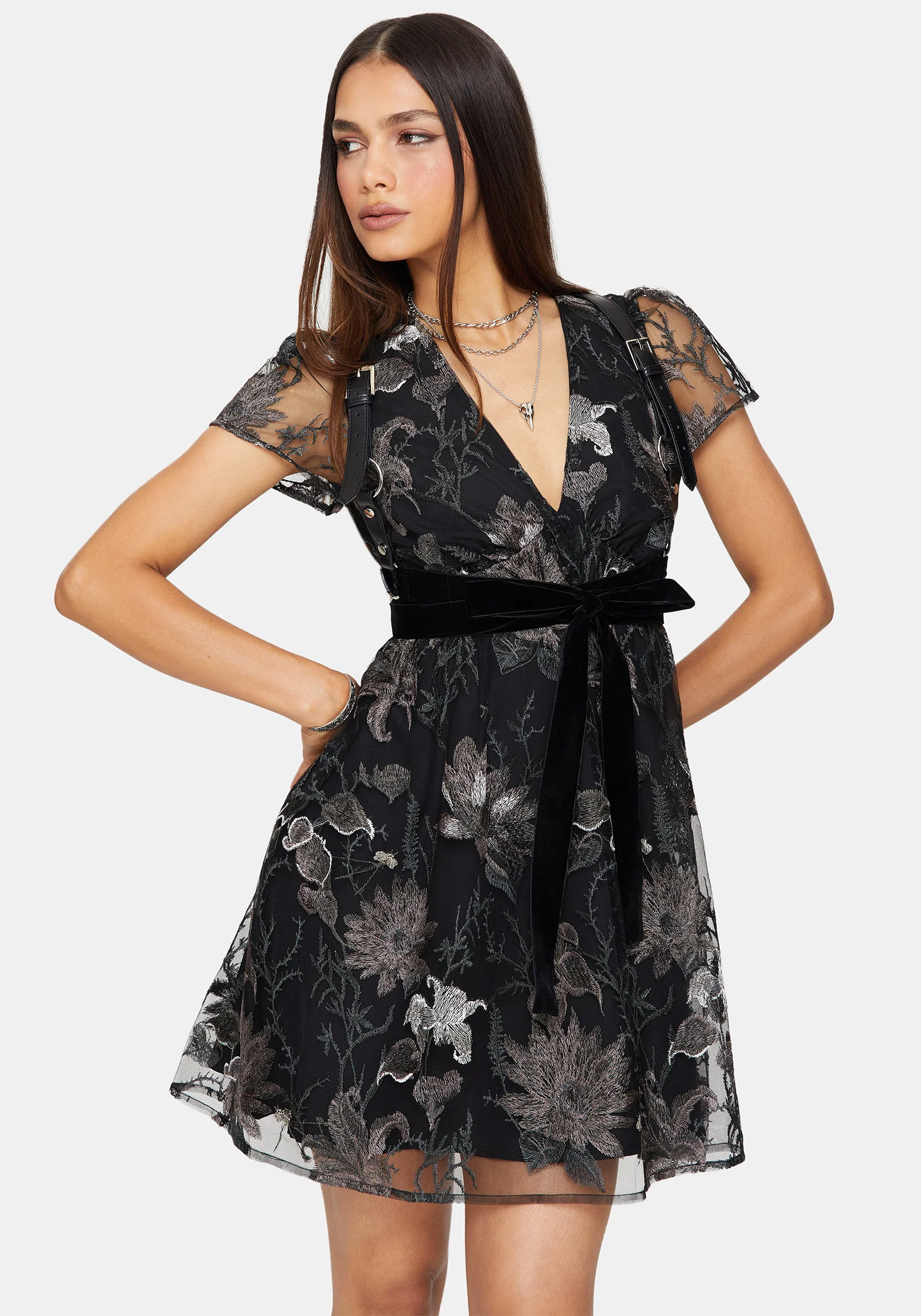 Estrid Embroidered Mesh Flute Sleeve Mini Dress - Silver - Image 6
