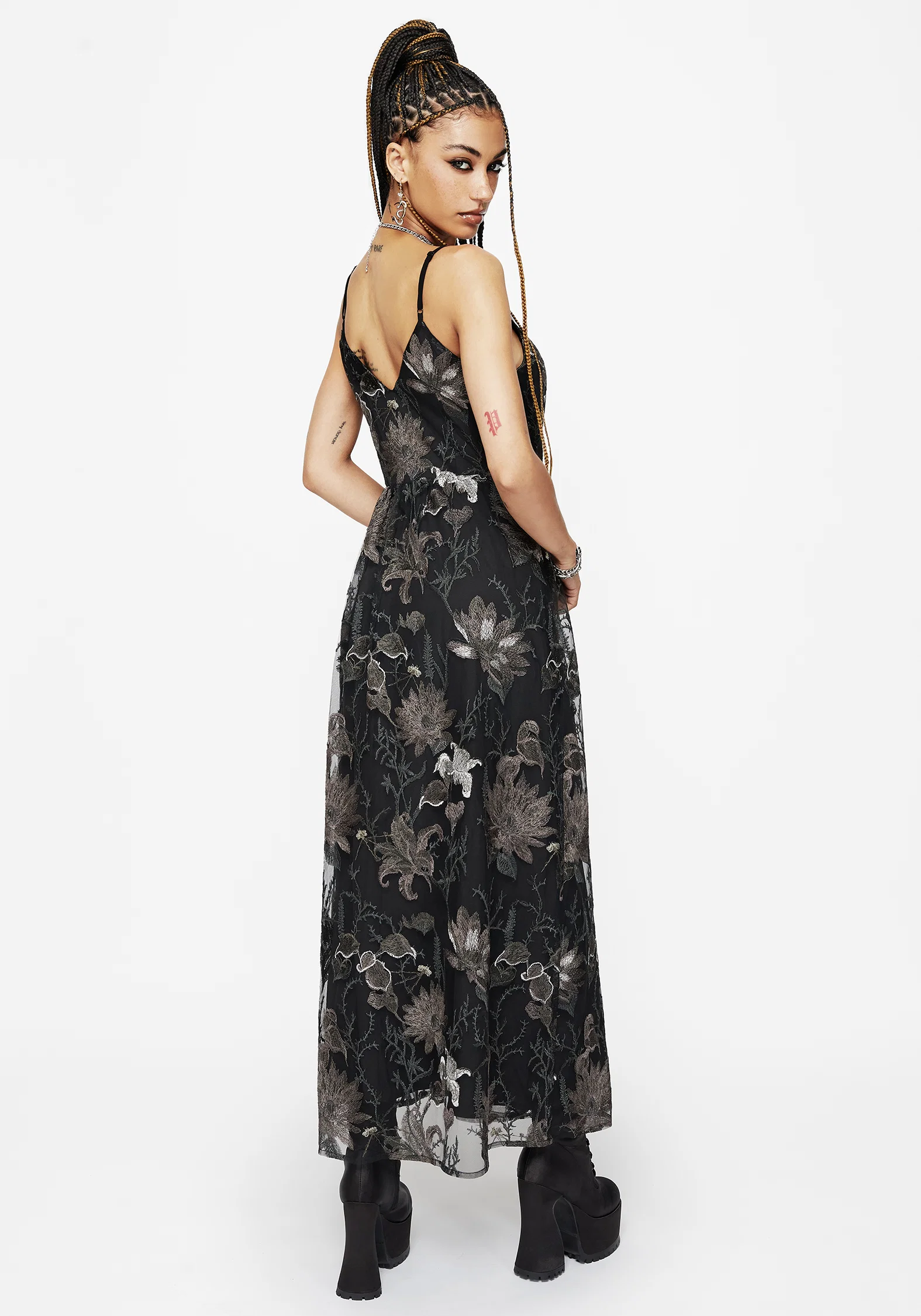 Estrid Embroidered Mesh Midaxi Cami Dress - Silver - Image 3