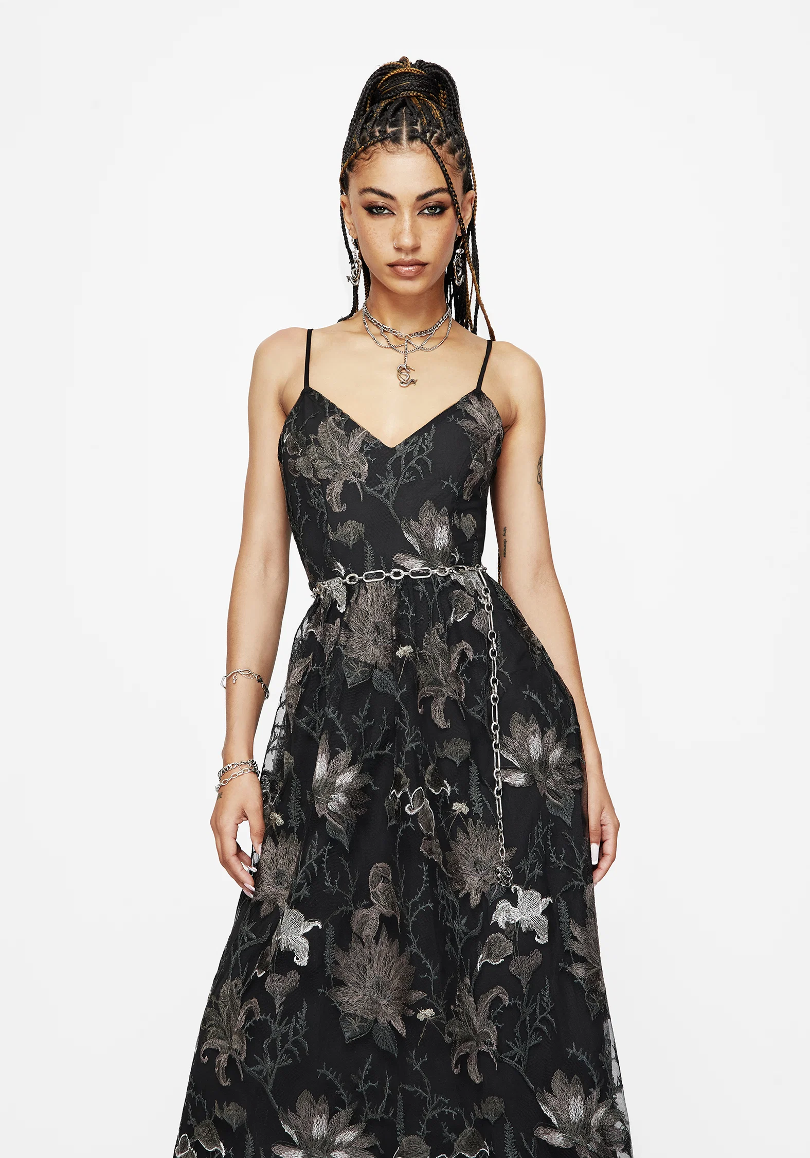 Estrid Embroidered Mesh Midaxi Cami Dress - Silver - Image 4