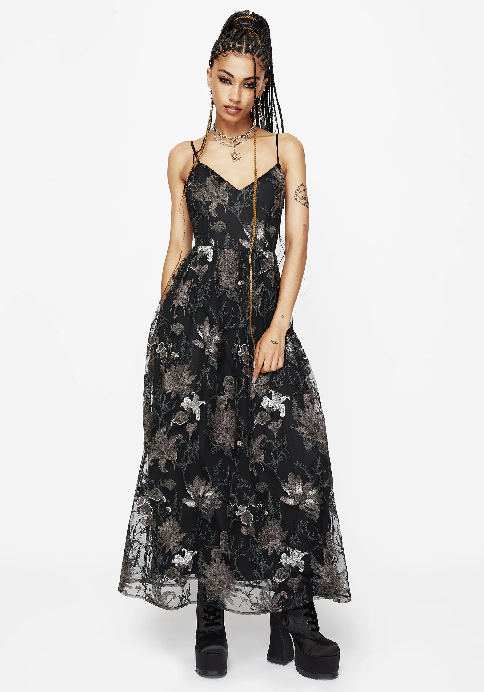 Estrid Embroidered Mesh Midaxi Cami Dress - Silver - Image 5