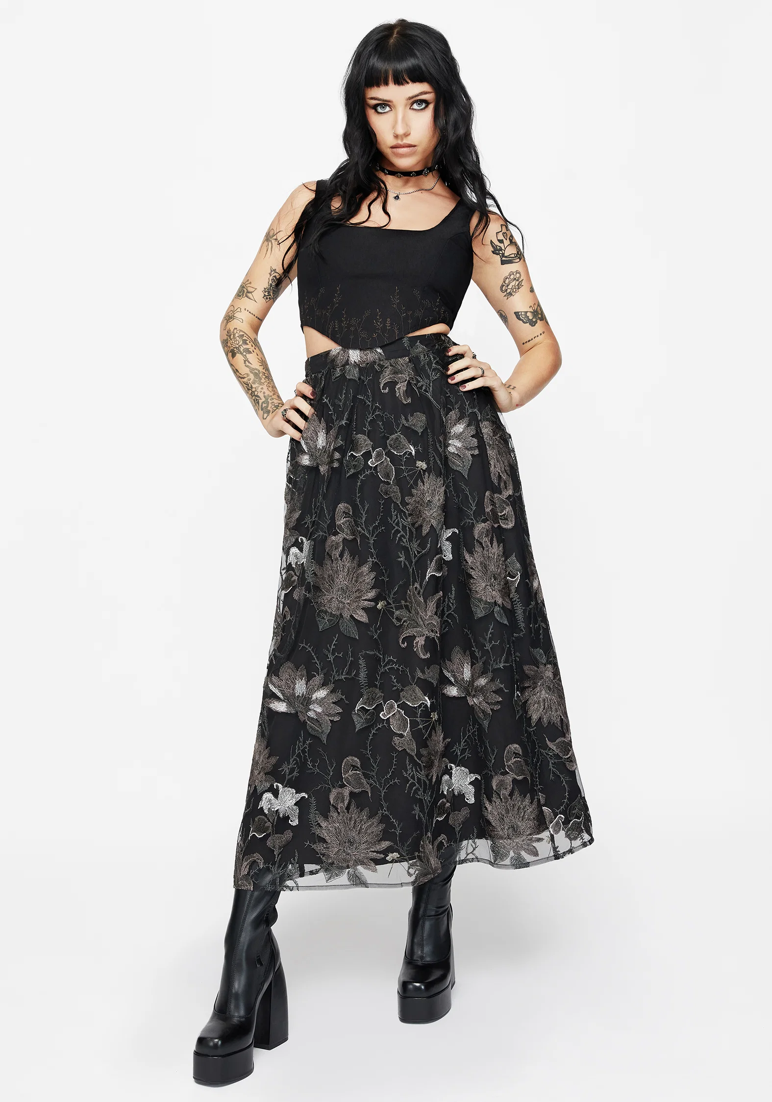 Estrid Embroidered Mesh Midaxi Skirt - Silver - Image 5