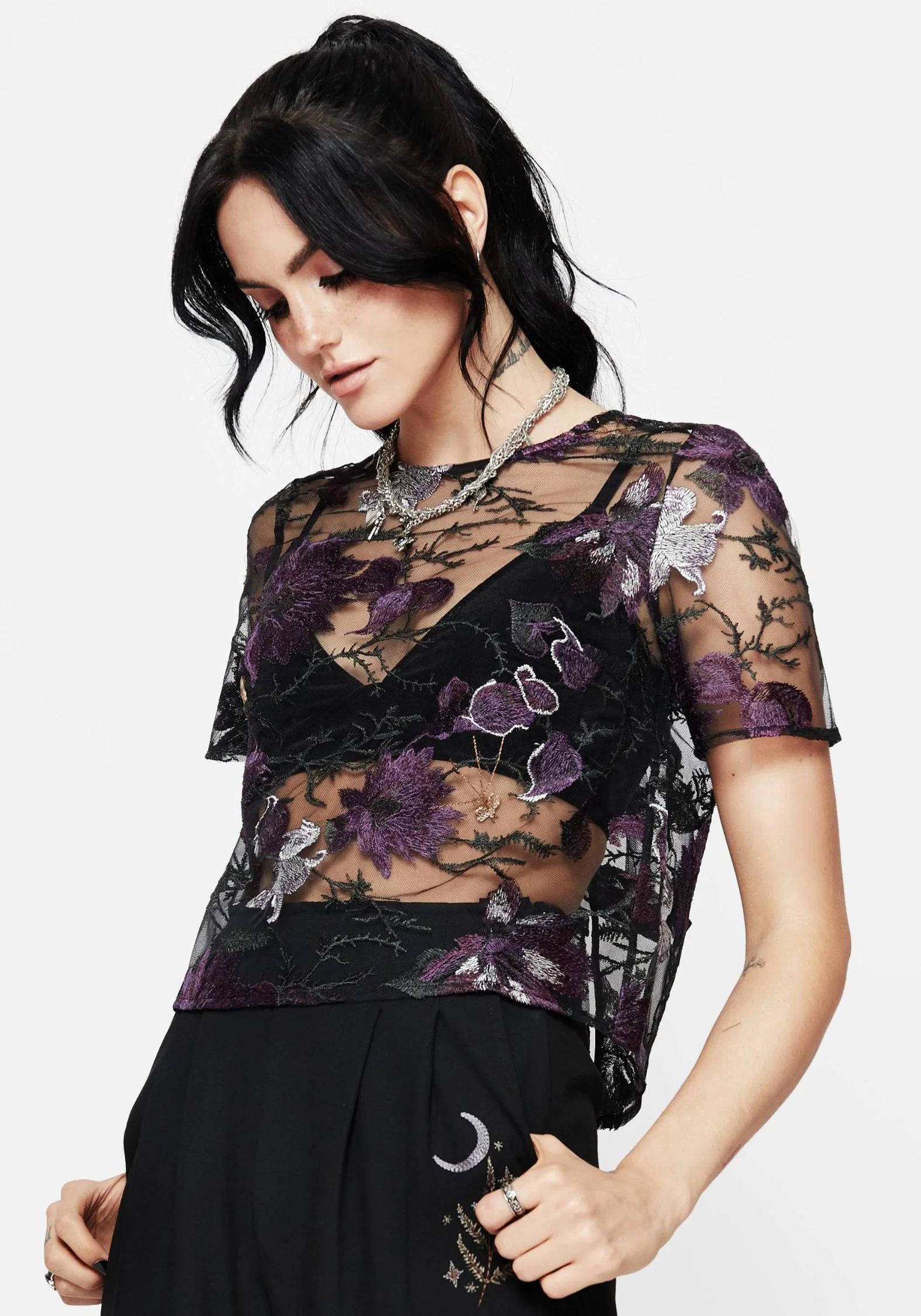 Estrid Embroidered Mesh Tie Back Blouse Top - Image 4