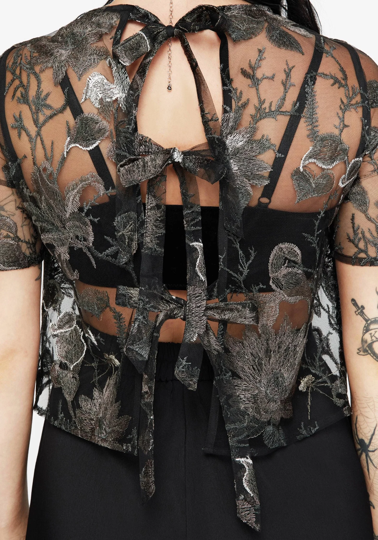 Estrid Embroidered Mesh Tie Back Blouse Top - Silver - Image 2